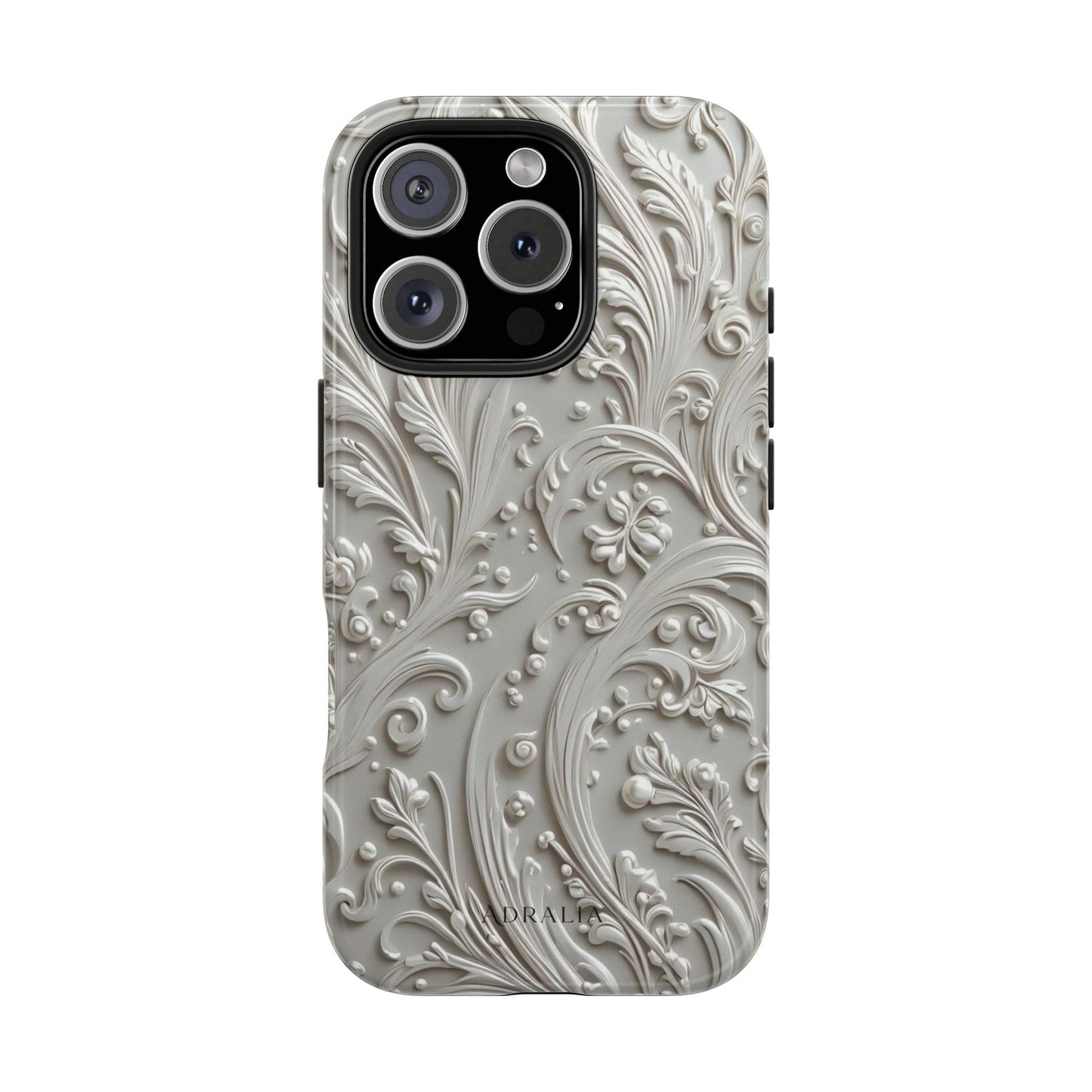 Ornate Baroque Relief Tough Phone Case — Gray Floral Scroll Protective Cover