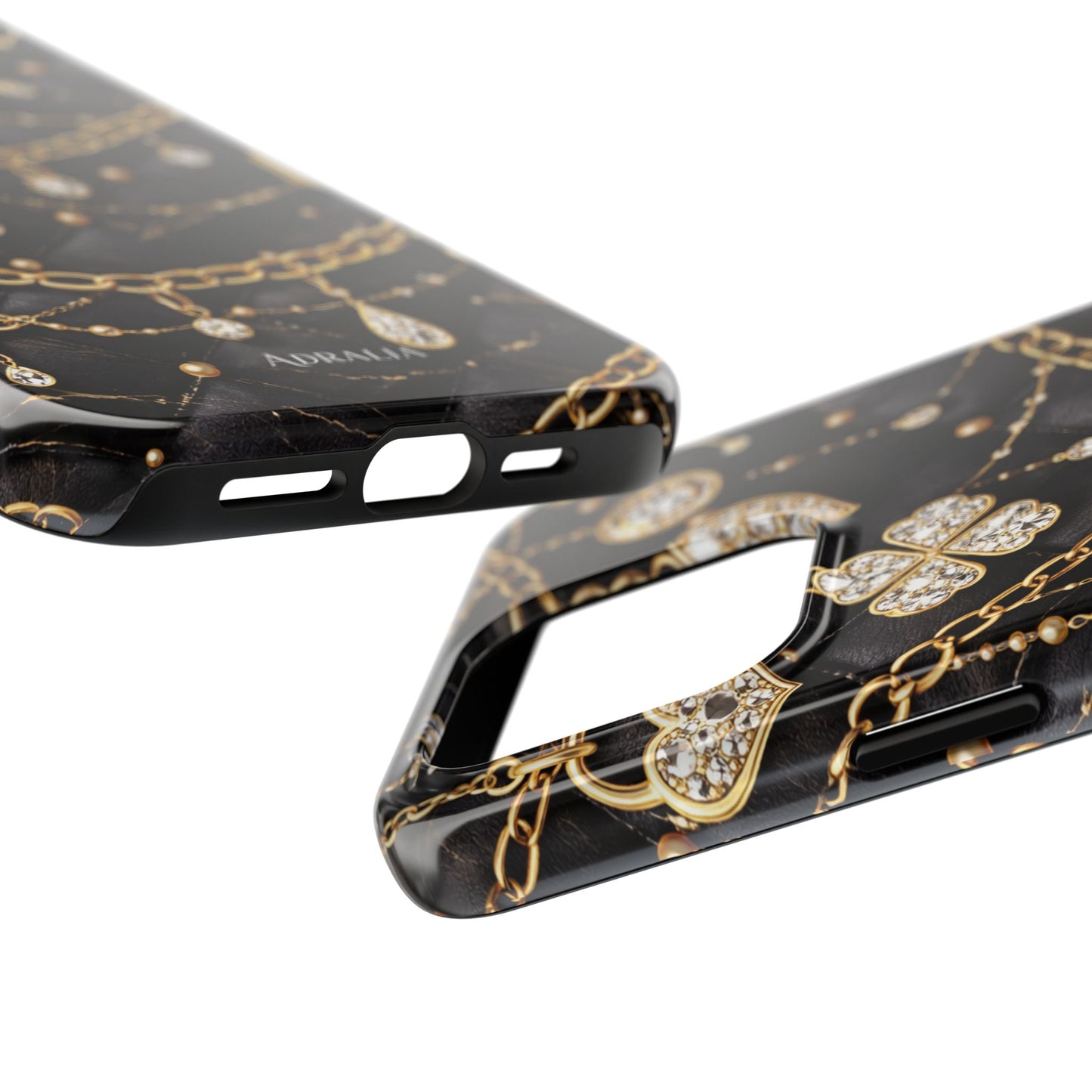 Quilted Black Luxe Phone Case — Gold Chain & Jewel Charm Design