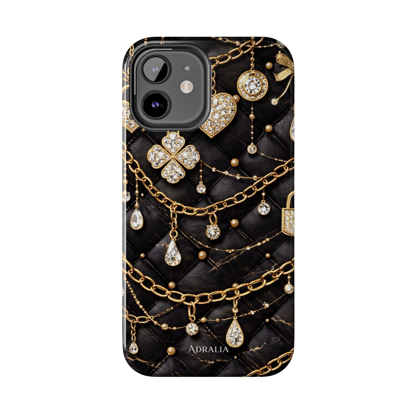 Quilted Black Luxe Phone Case — Gold Chain & Jewel Charm Design