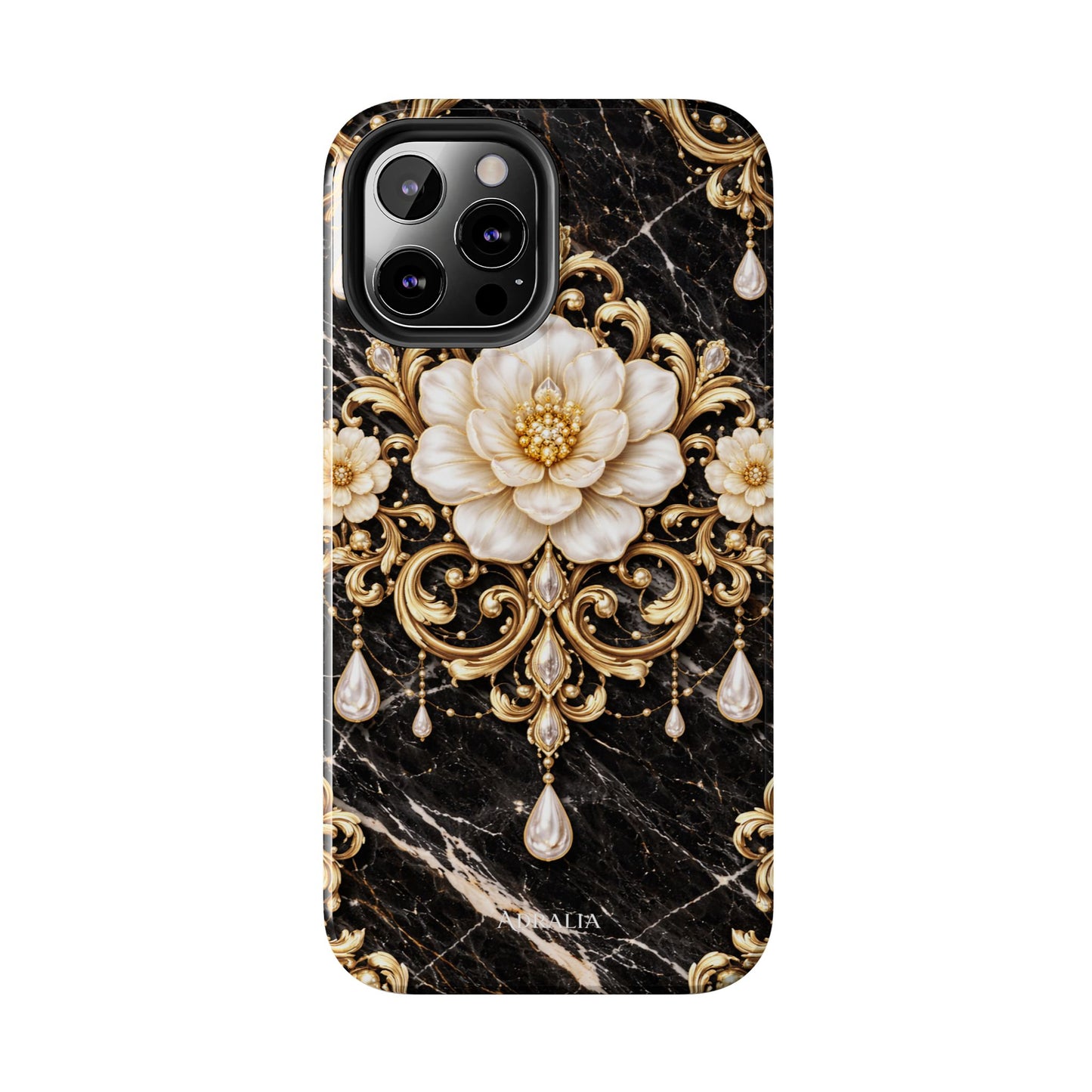 Phone Case — Black Marble Floral Baroque Tough Protective Cover