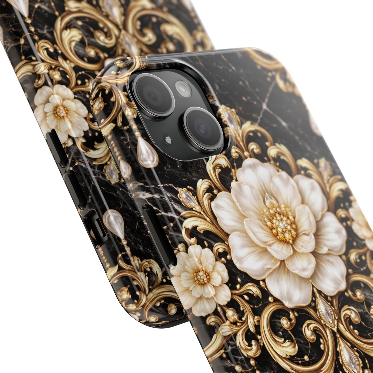 Phone Case — Black Marble Floral Baroque Tough Protective Cover