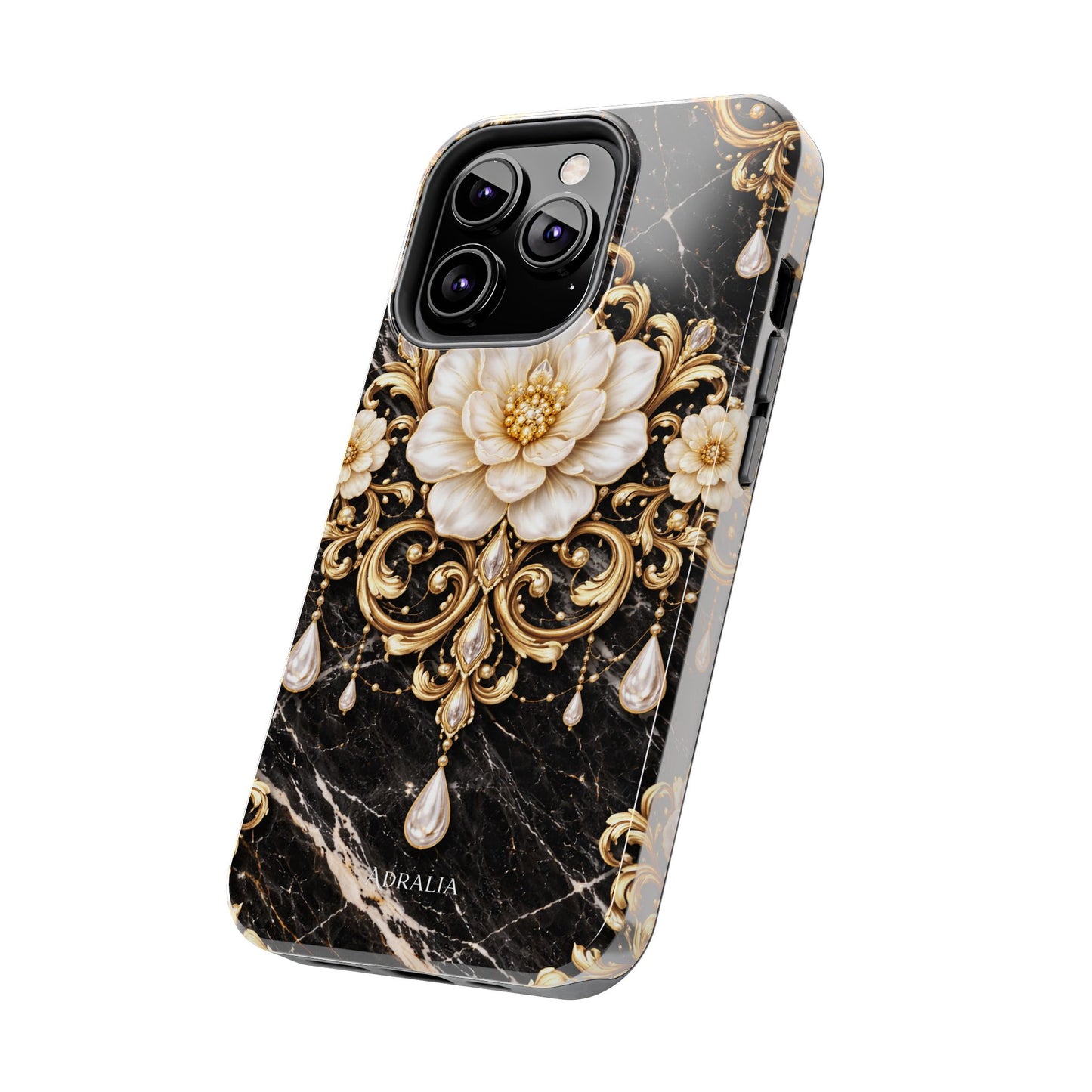 Phone Case — Black Marble Floral Baroque Tough Protective Cover