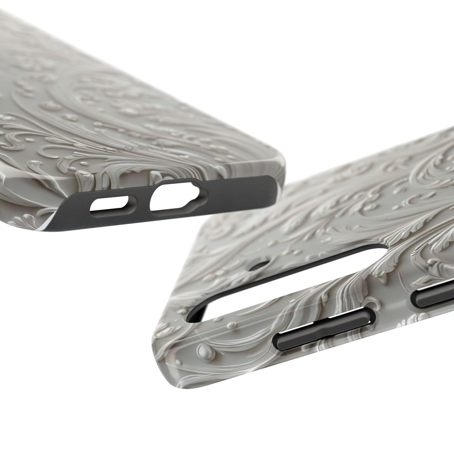 Ornate Baroque Relief Tough Phone Case — Gray Floral Scroll Protective Cover