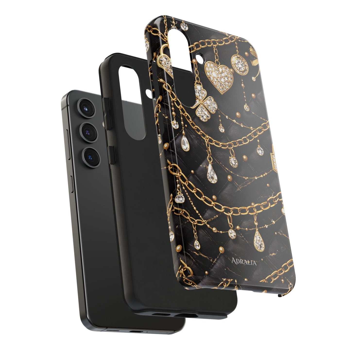Quilted Black Luxe Phone Case — Gold Chain & Jewel Charm Design