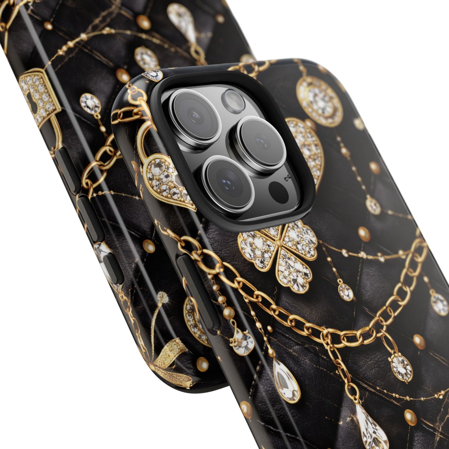 Quilted Black Luxe Phone Case — Gold Chain & Jewel Charm Design