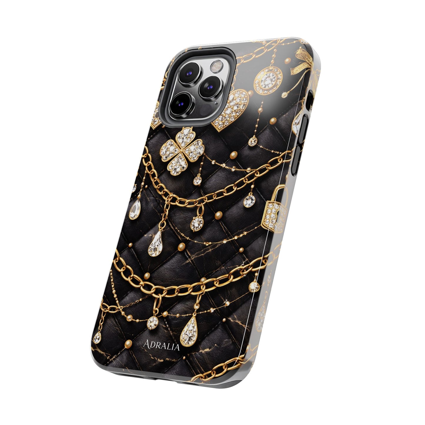 Quilted Black Luxe Phone Case — Gold Chain & Jewel Charm Design