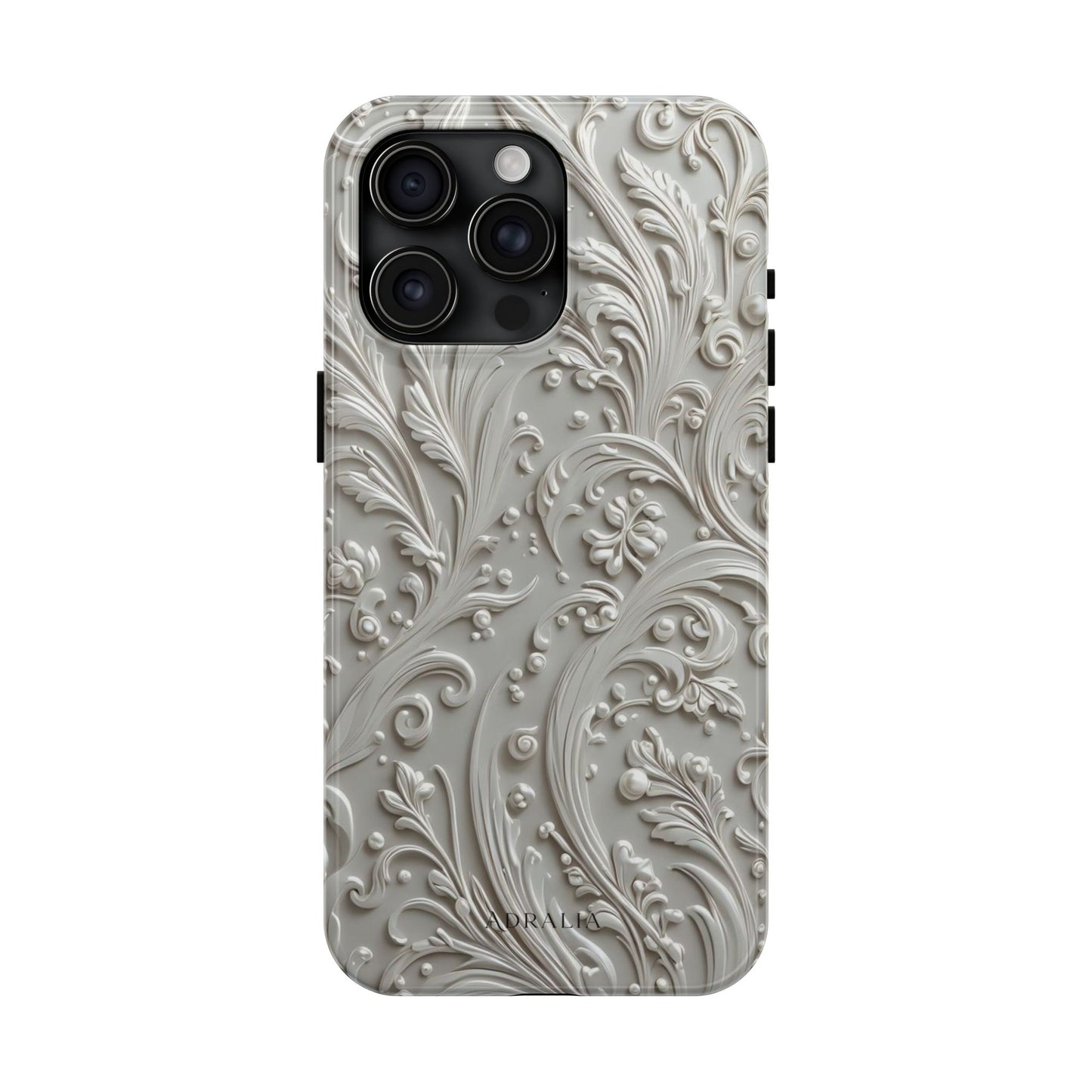 Ornate Baroque Relief Tough Phone Case — Gray Floral Scroll Protective Cover