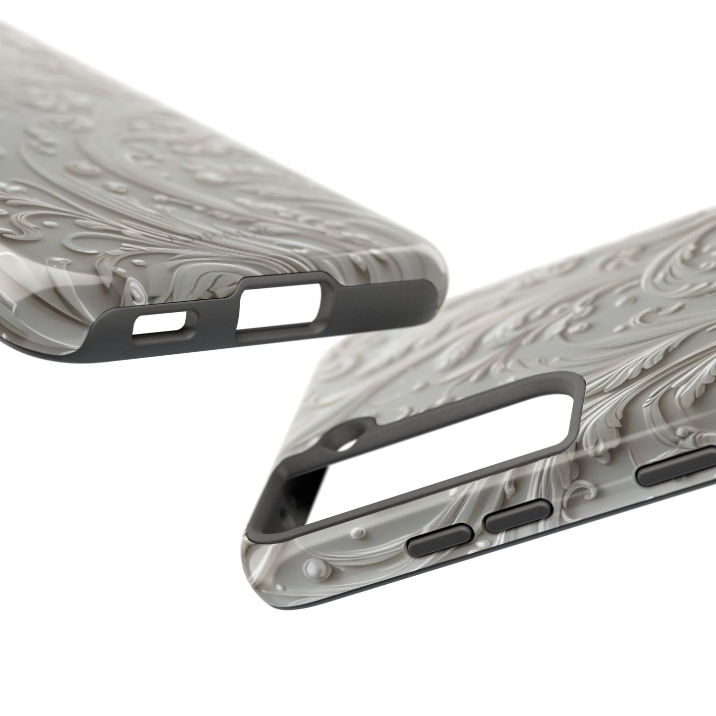 Ornate Baroque Relief Tough Phone Case — Gray Floral Scroll Protective Cover