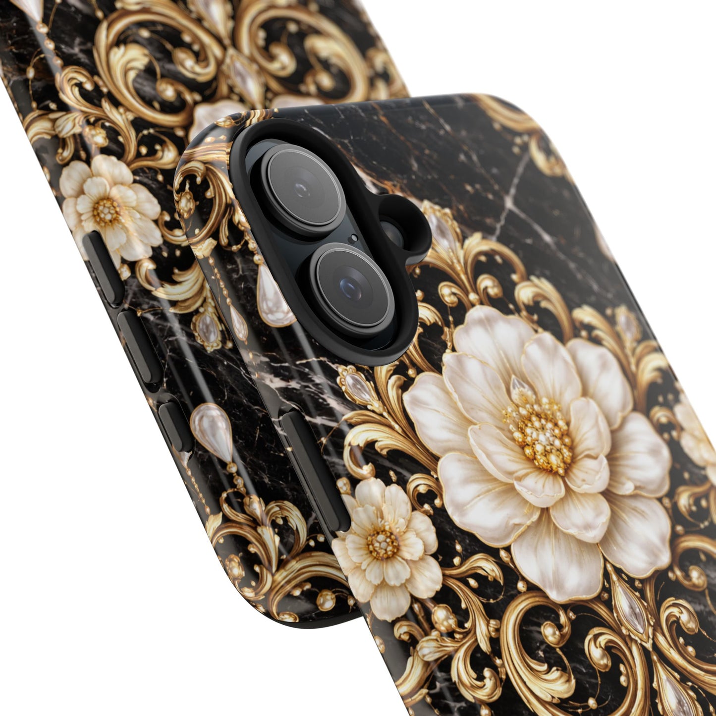 Phone Case — Black Marble Floral Baroque Tough Protective Cover