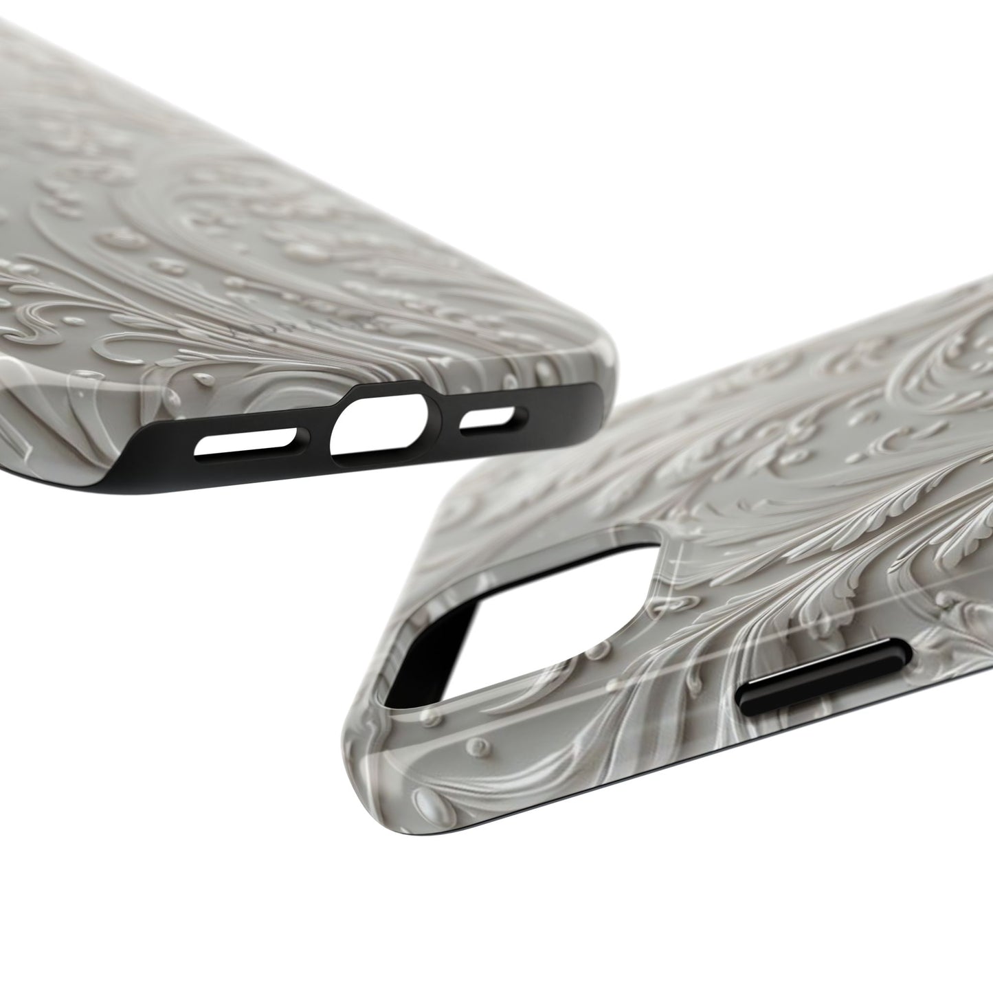 Ornate Baroque Relief Tough Phone Case — Gray Floral Scroll Protective Cover