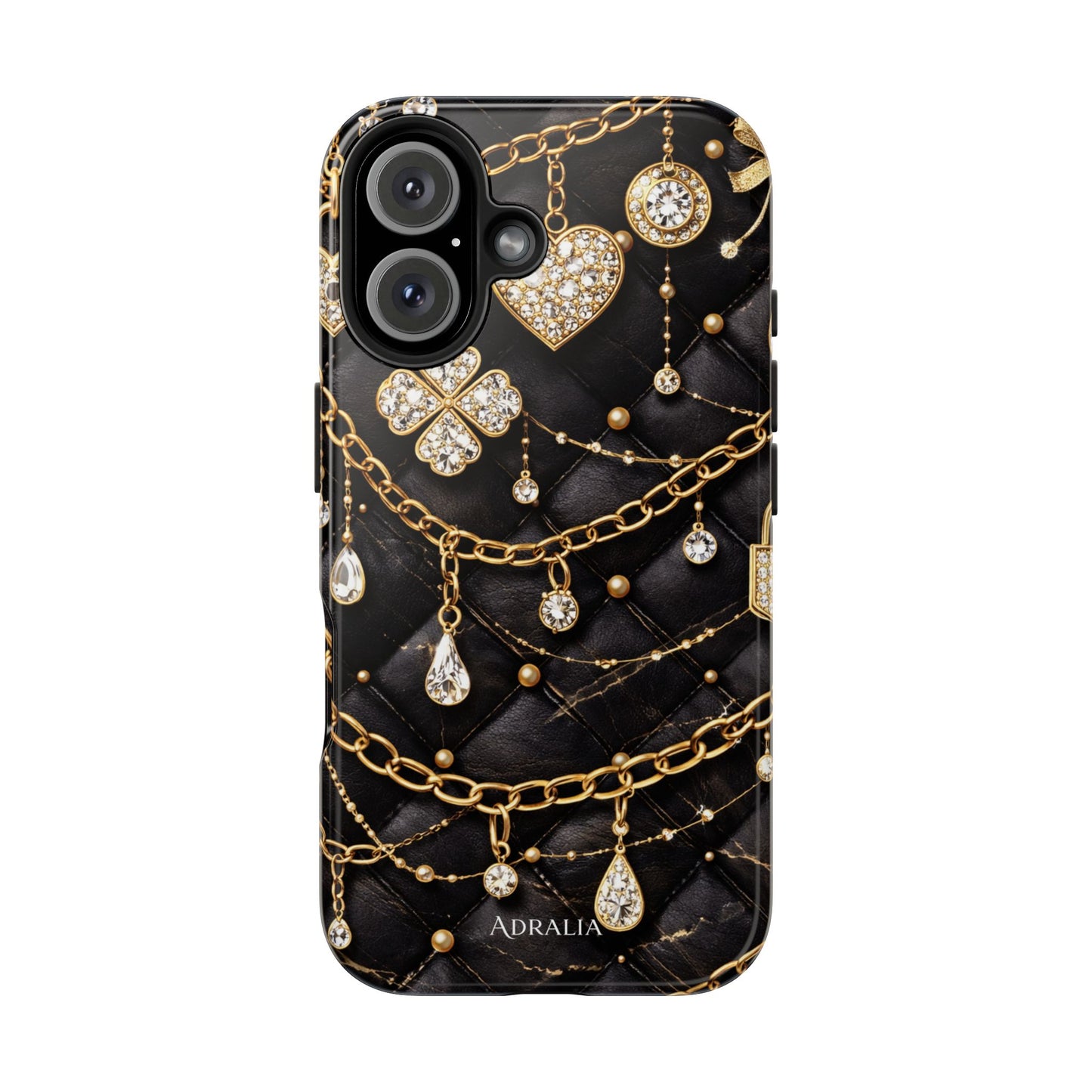 Quilted Black Luxe Phone Case — Gold Chain & Jewel Charm Design