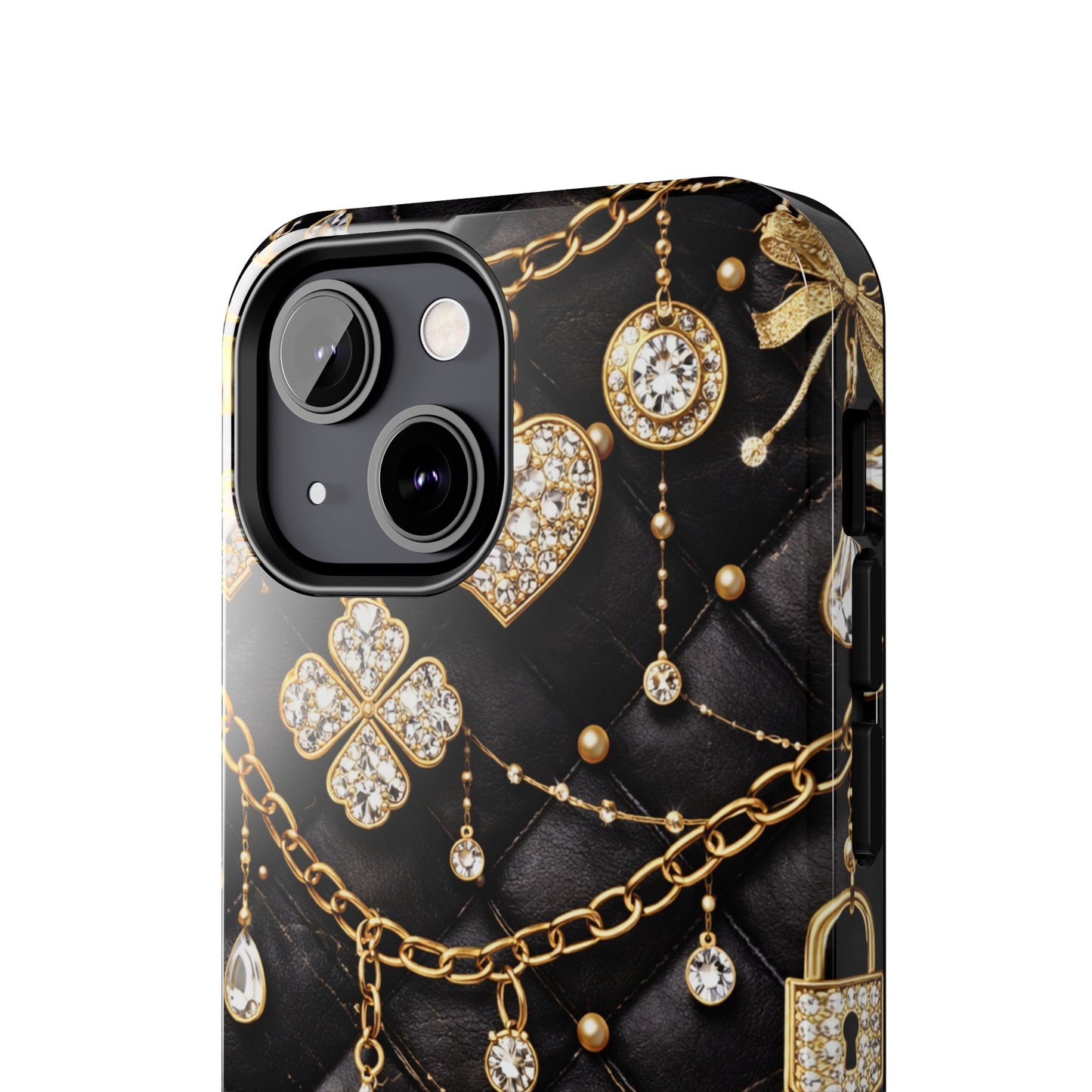 Quilted Black Luxe Phone Case — Gold Chain & Jewel Charm Design