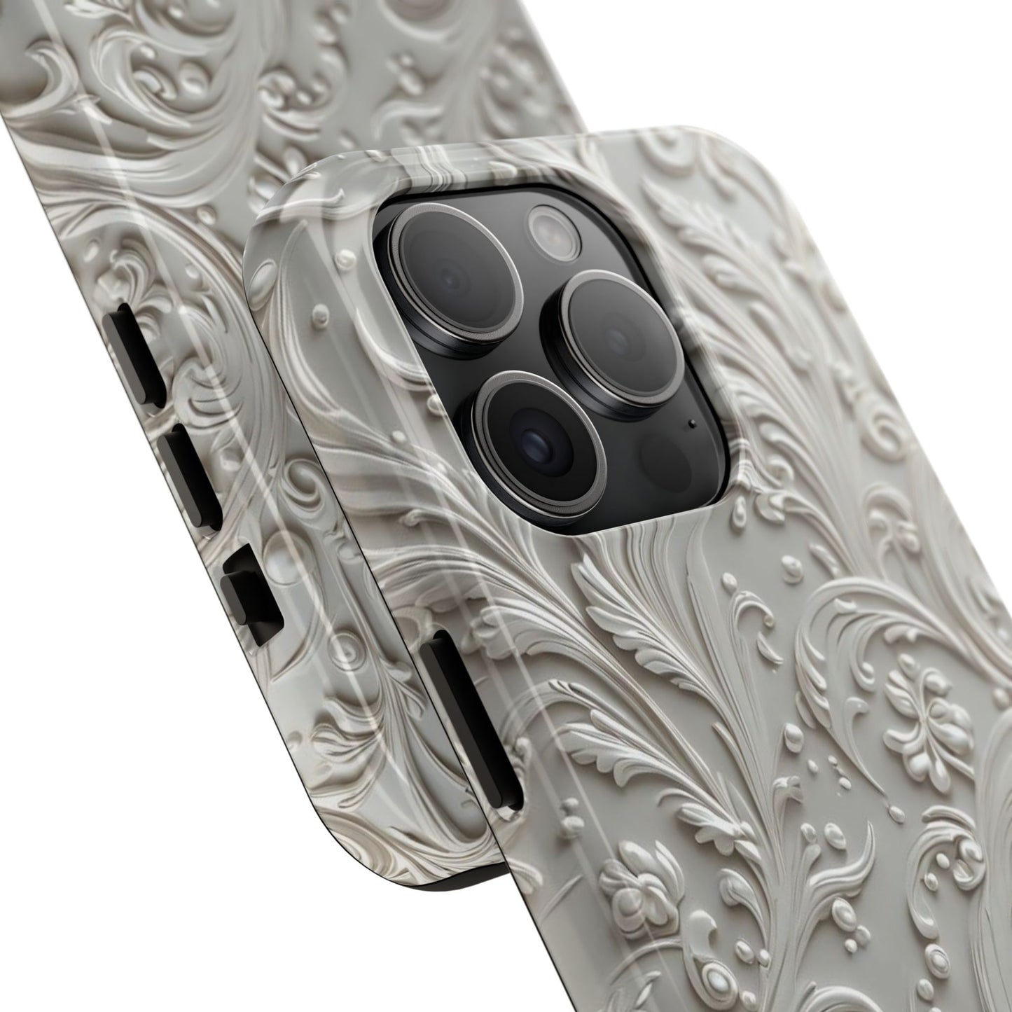 Ornate Baroque Relief Tough Phone Case — Gray Floral Scroll Protective Cover