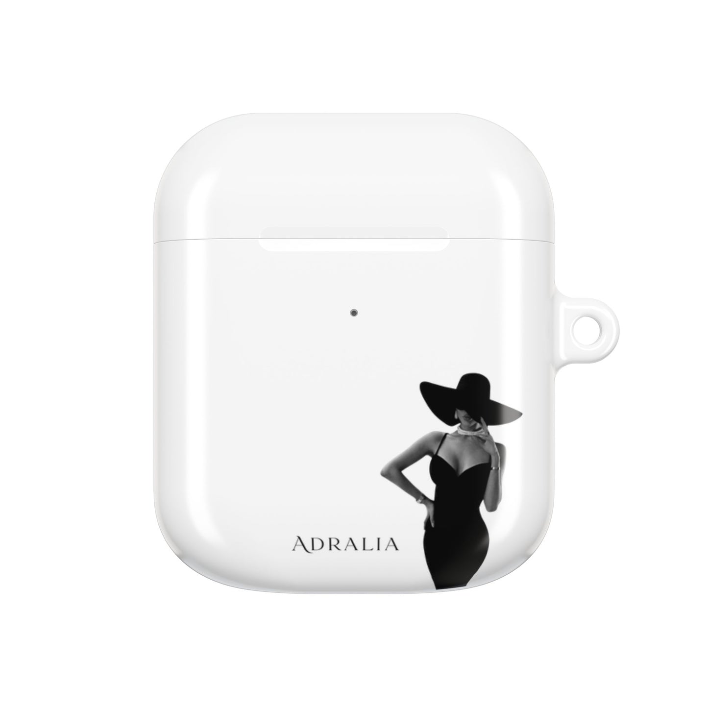 AirPods Case — Elegant Black Hat Silhouette with 'ADRALIA' Text