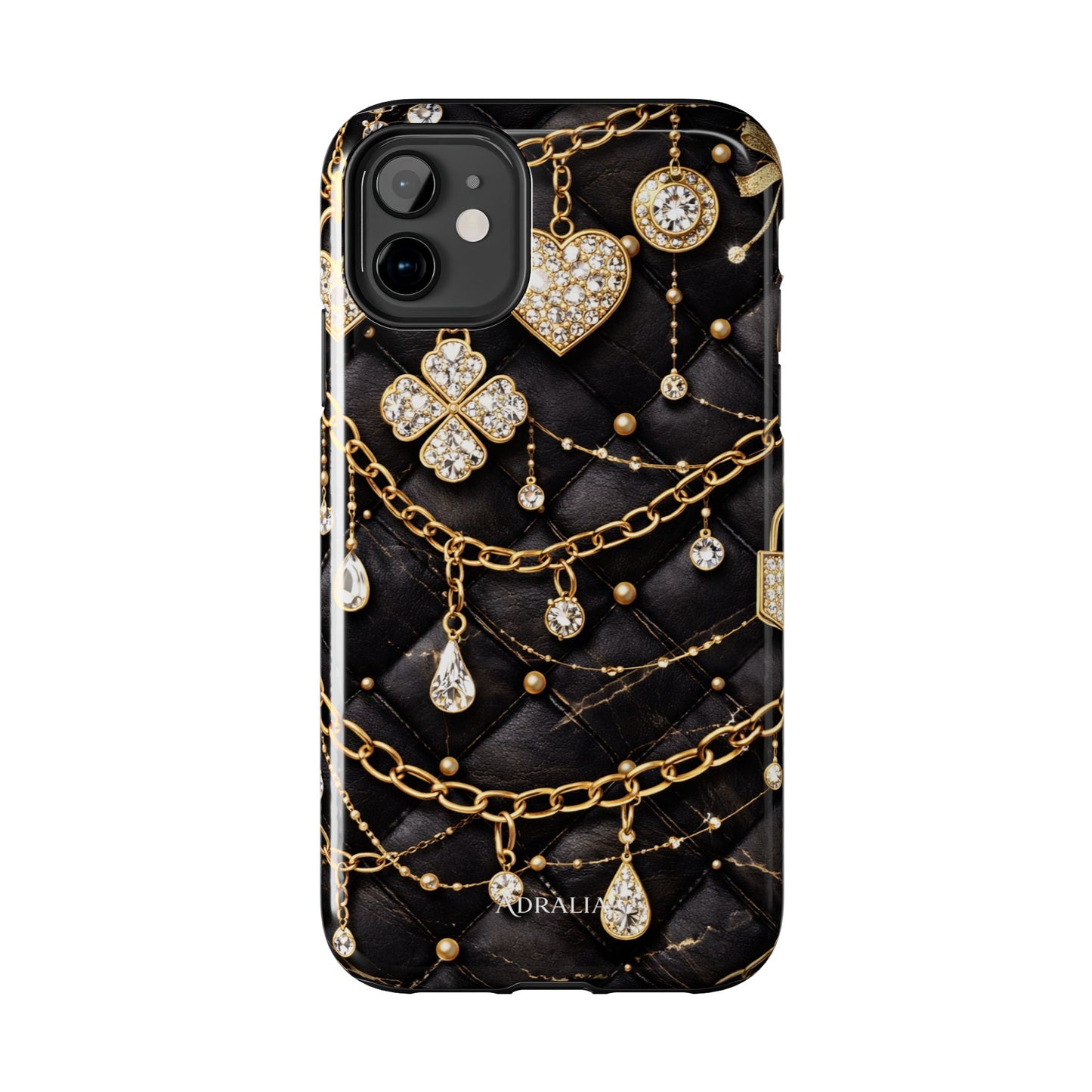Quilted Black Luxe Phone Case — Gold Chain & Jewel Charm Design