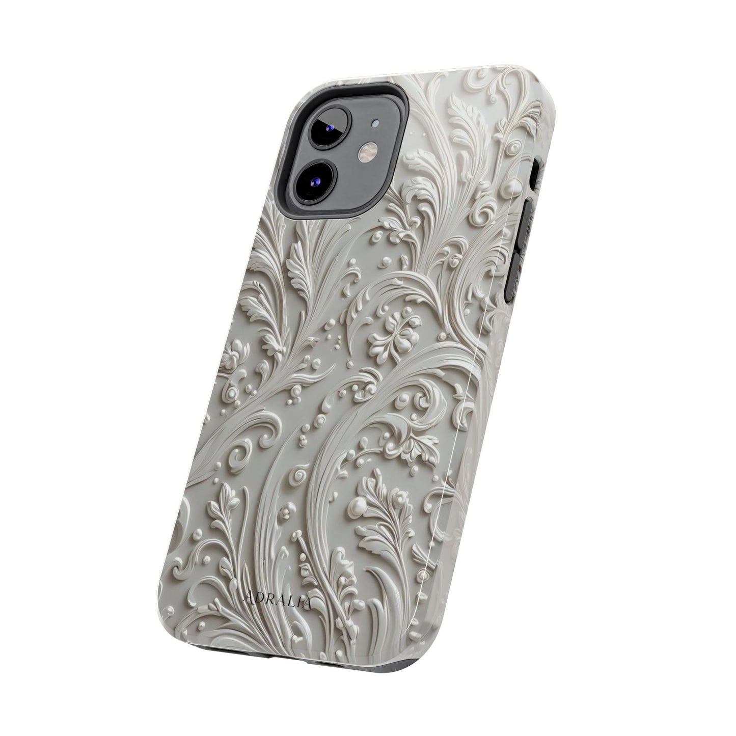 Ornate Baroque Relief Tough Phone Case — Gray Floral Scroll Protective Cover