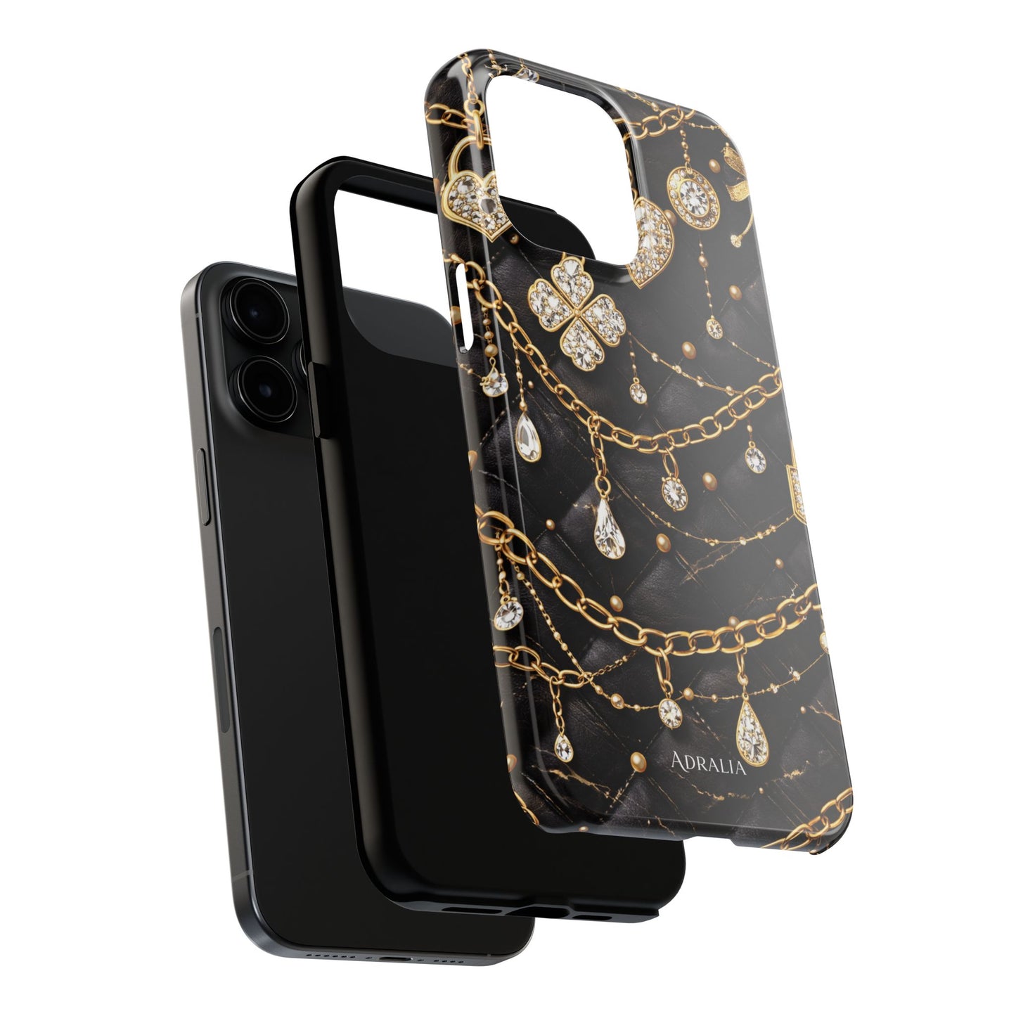 Quilted Black Luxe Phone Case — Gold Chain & Jewel Charm Design
