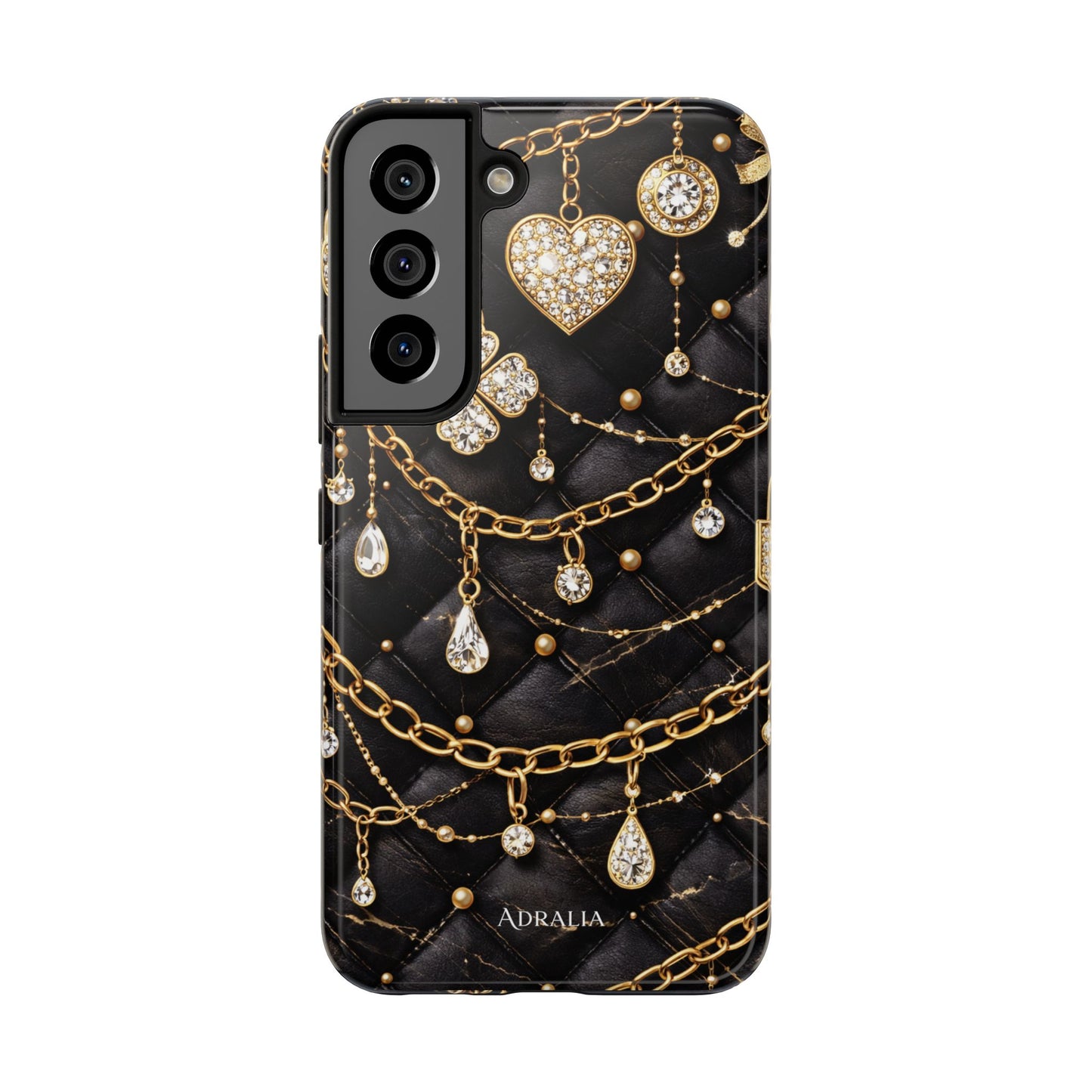 Quilted Black Luxe Phone Case — Gold Chain & Jewel Charm Design