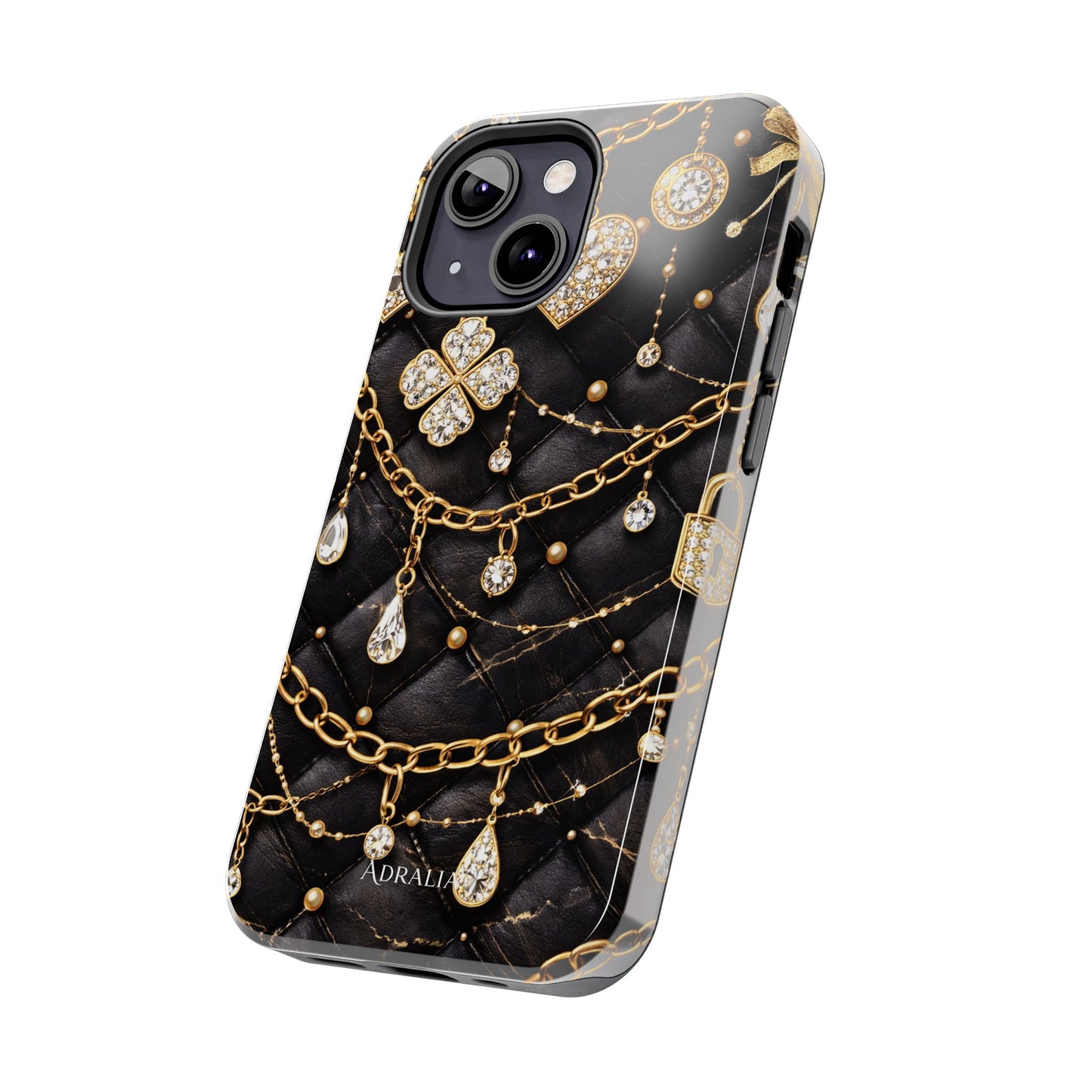 Quilted Black Luxe Phone Case — Gold Chain & Jewel Charm Design