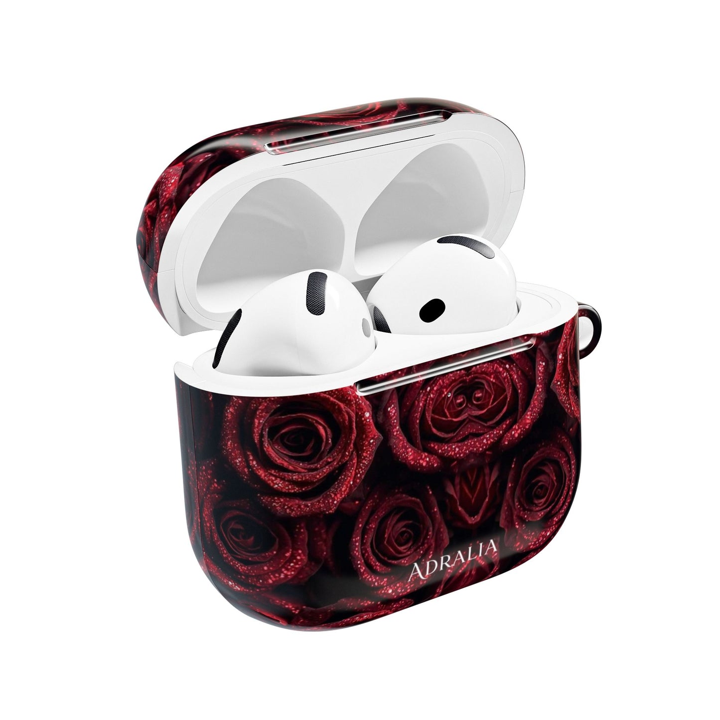 Rose Pattern AirPod Case — Red Floral Protective Cover with 'Adralia' Accent