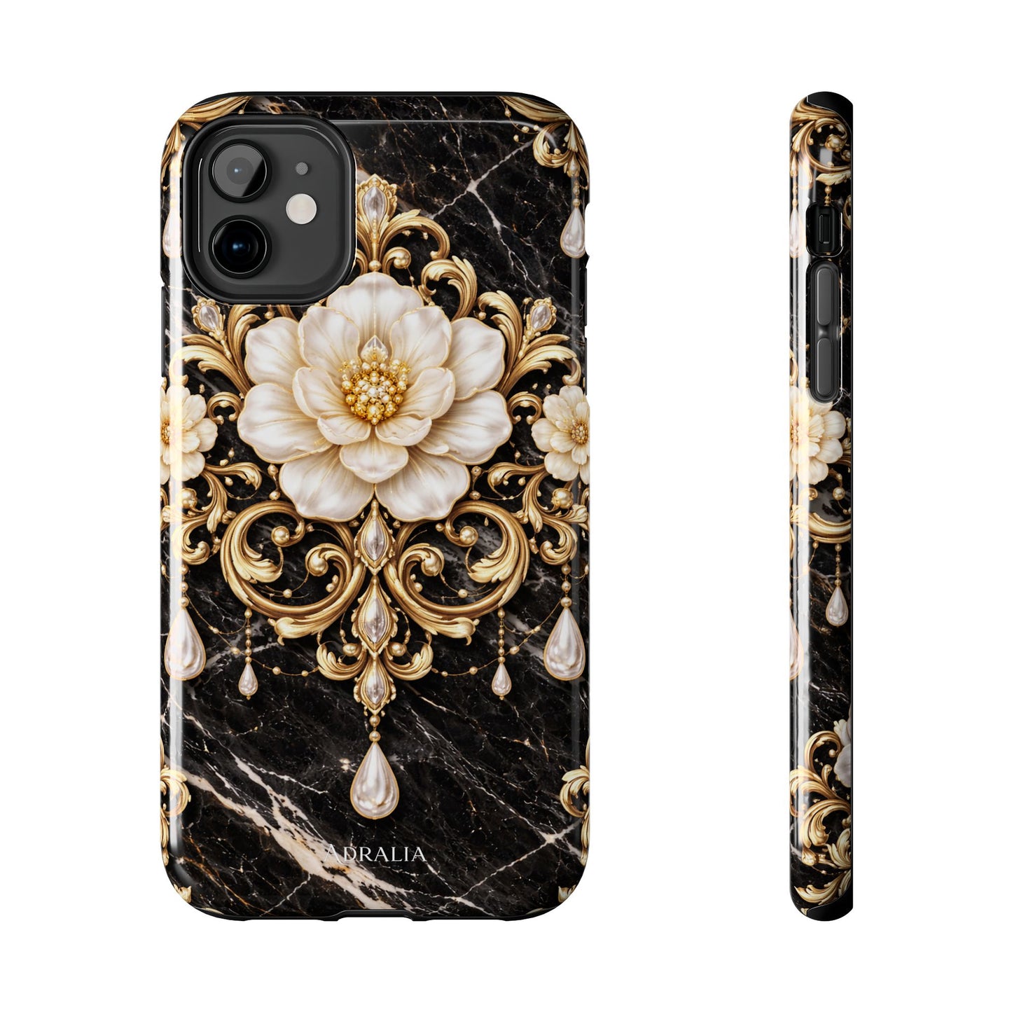 Phone Case — Black Marble Floral Baroque Tough Protective Cover