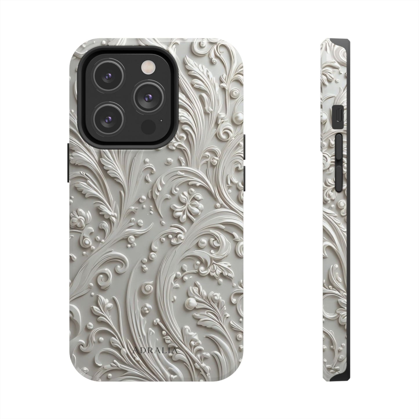 Ornate Baroque Relief Tough Phone Case — Gray Floral Scroll Protective Cover