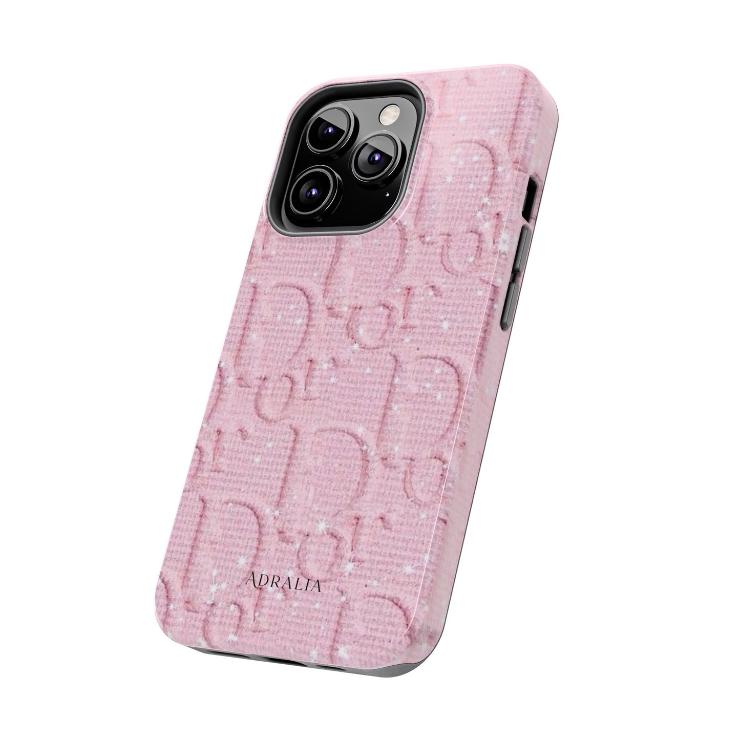 Pink Embossed Tough Phone Case – 'Adralia' Glitter Monogram Protective Cover