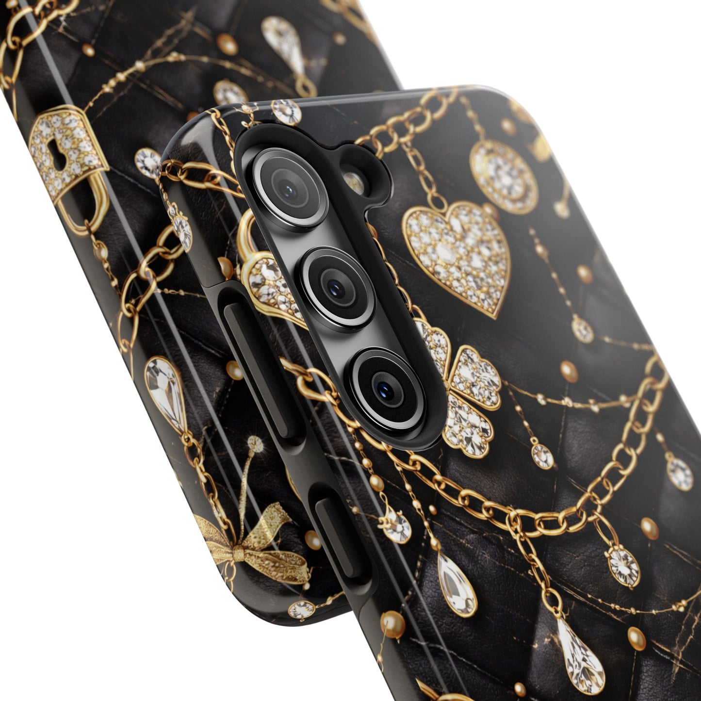 Quilted Black Luxe Phone Case — Gold Chain & Jewel Charm Design