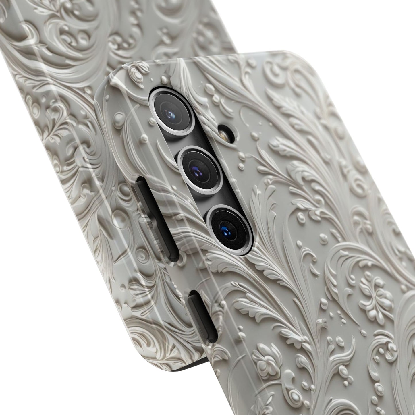 Ornate Baroque Relief Tough Phone Case — Gray Floral Scroll Protective Cover