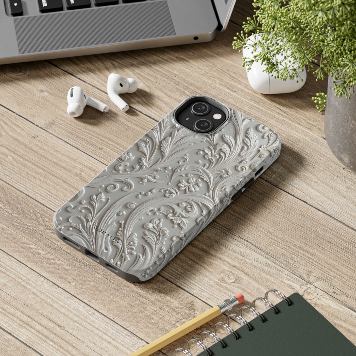 Ornate Baroque Relief Tough Phone Case — Gray Floral Scroll Protective Cover