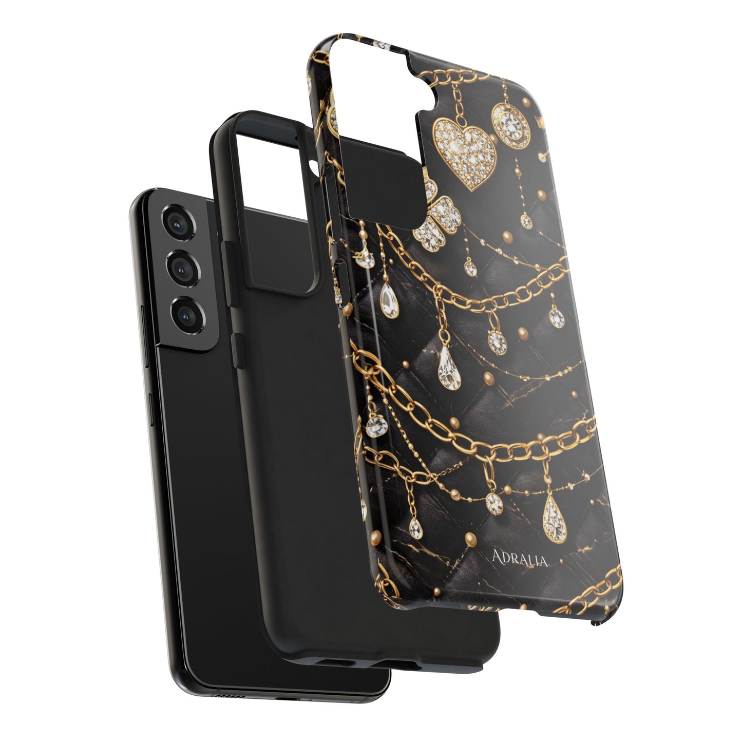 Quilted Black Luxe Phone Case — Gold Chain & Jewel Charm Design