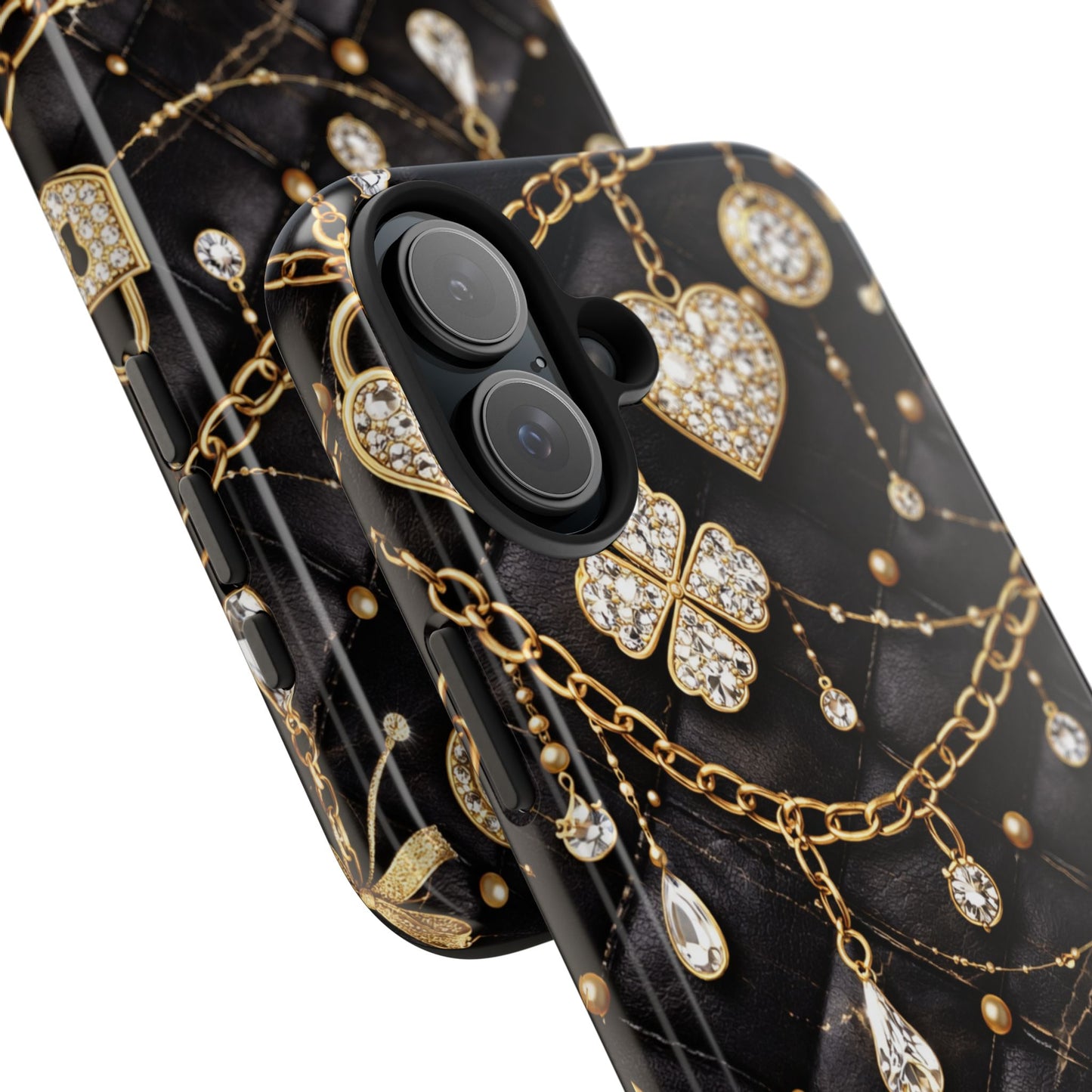 Quilted Black Luxe Phone Case — Gold Chain & Jewel Charm Design