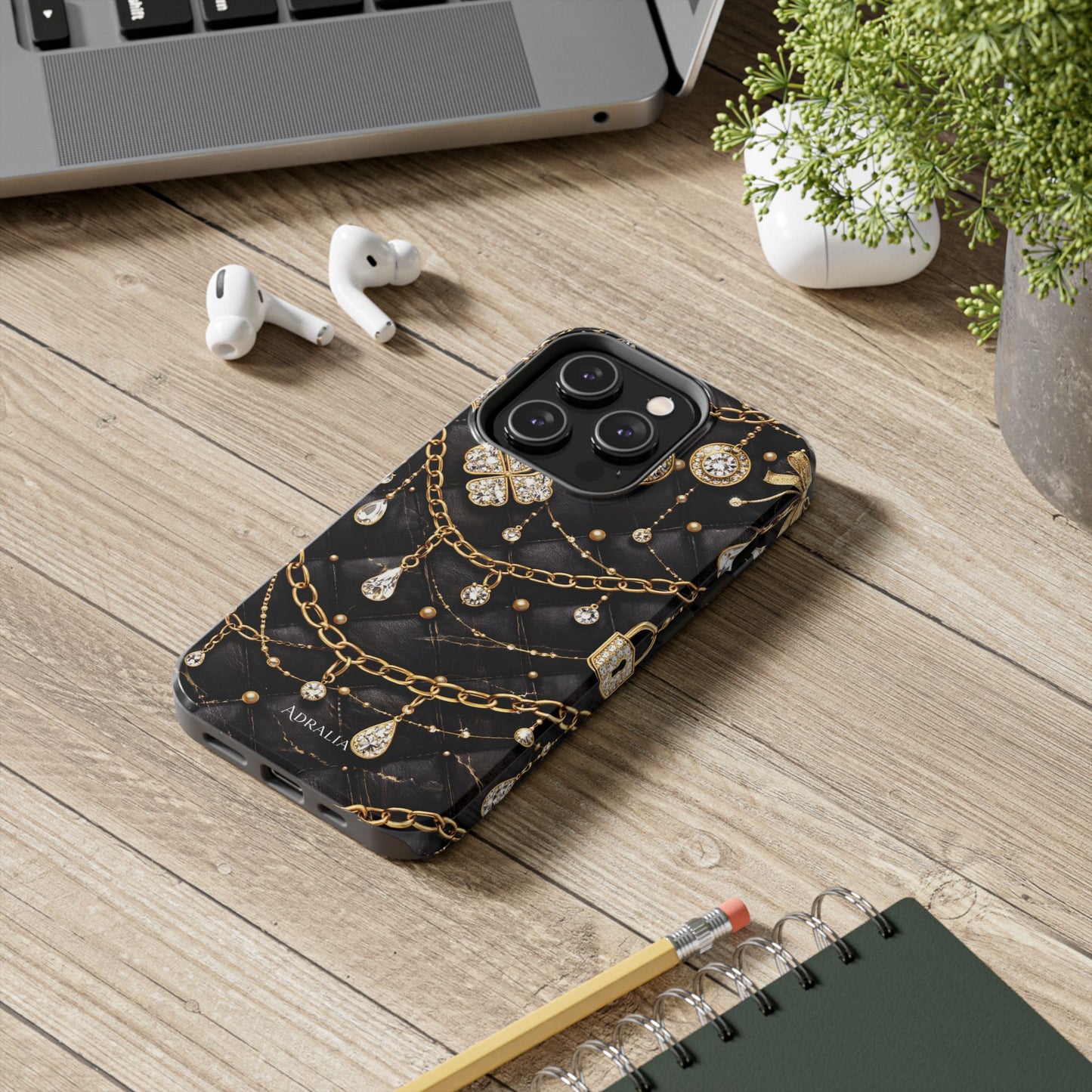 Quilted Black Luxe Phone Case — Gold Chain & Jewel Charm Design