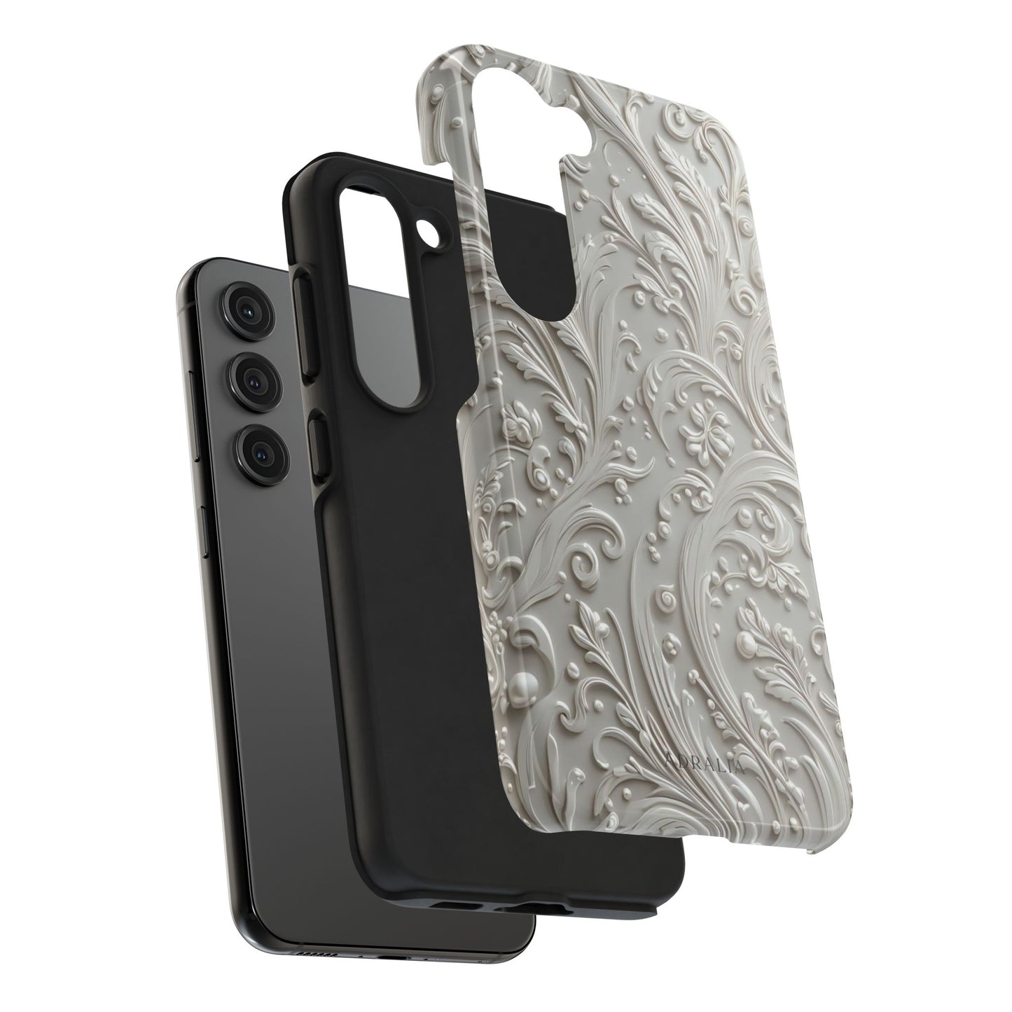 Ornate Baroque Relief Tough Phone Case — Gray Floral Scroll Protective Cover