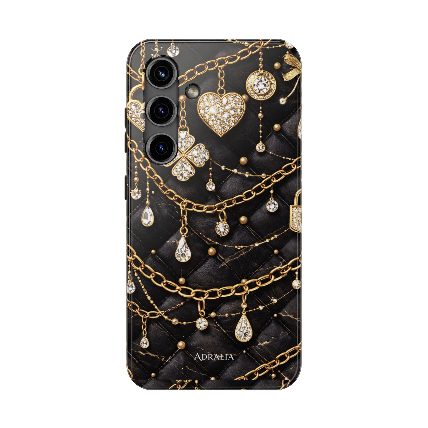 Quilted Black Luxe Phone Case — Gold Chain & Jewel Charm Design