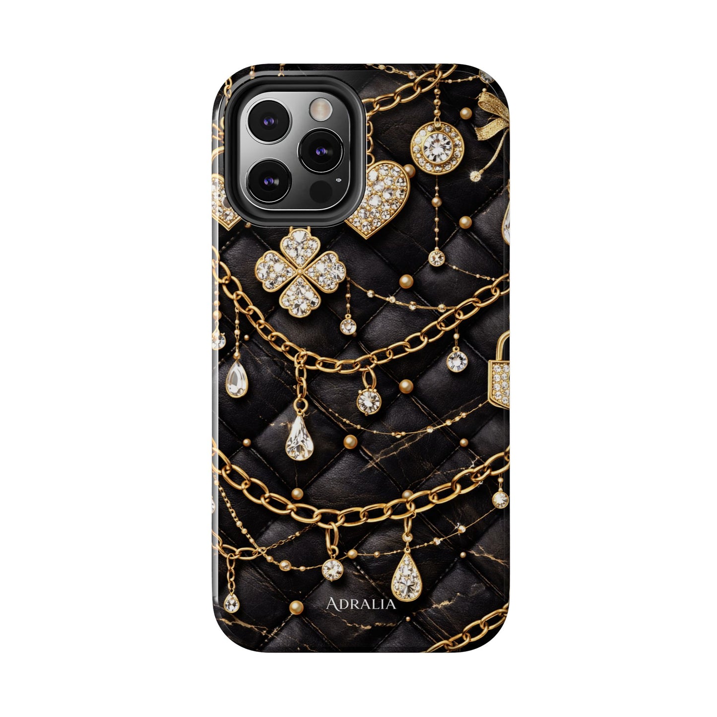Quilted Black Luxe Phone Case — Gold Chain & Jewel Charm Design