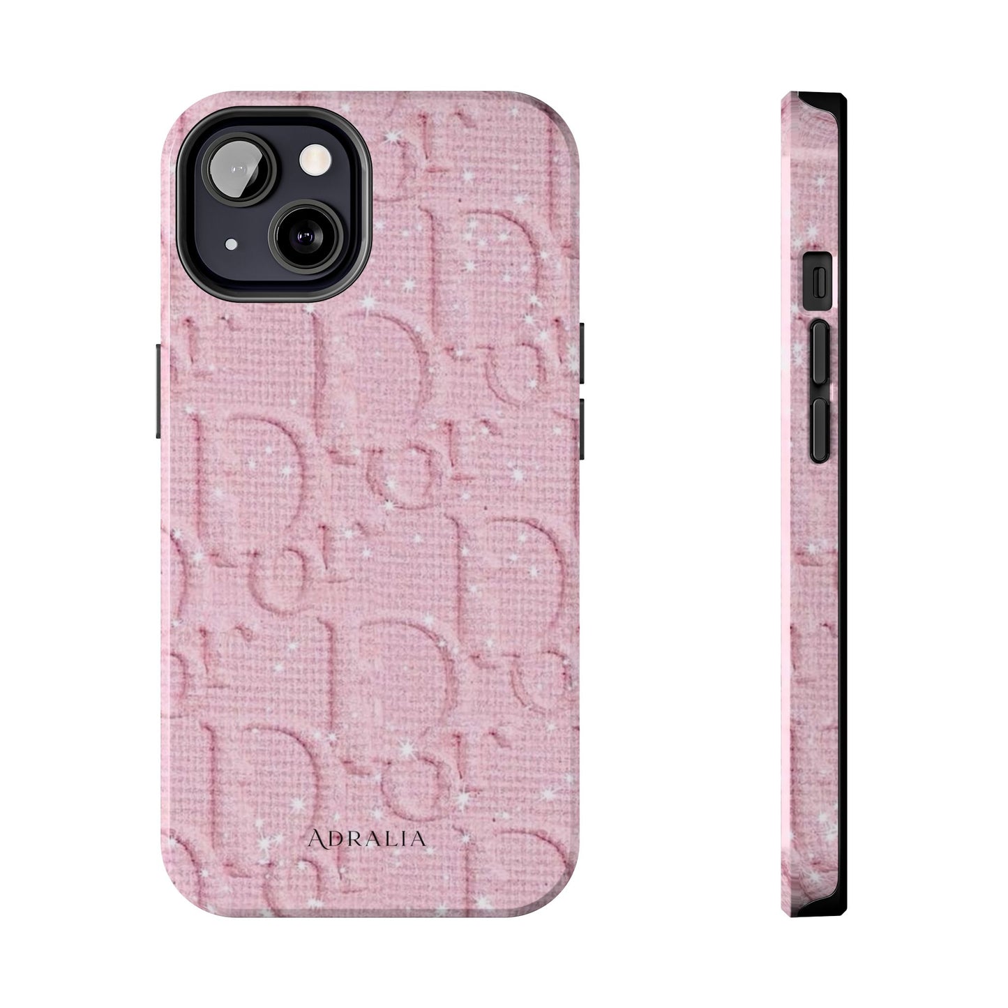 Pink Embossed Tough Phone Case – 'Adralia' Glitter Monogram Protective Cover