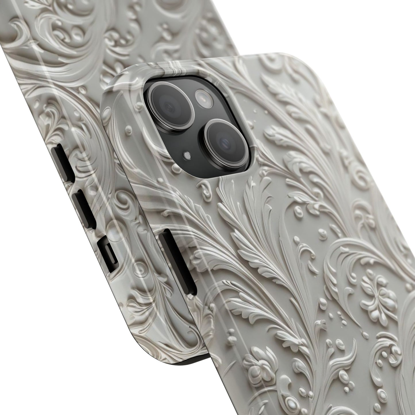 Ornate Baroque Relief Tough Phone Case — Gray Floral Scroll Protective Cover