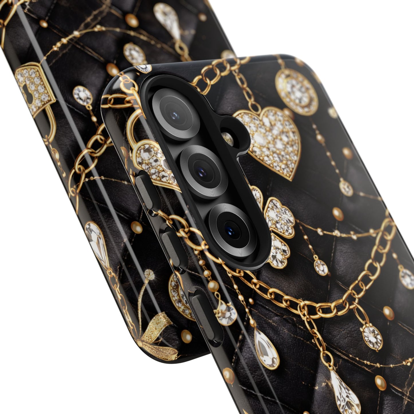 Quilted Black Luxe Phone Case — Gold Chain & Jewel Charm Design