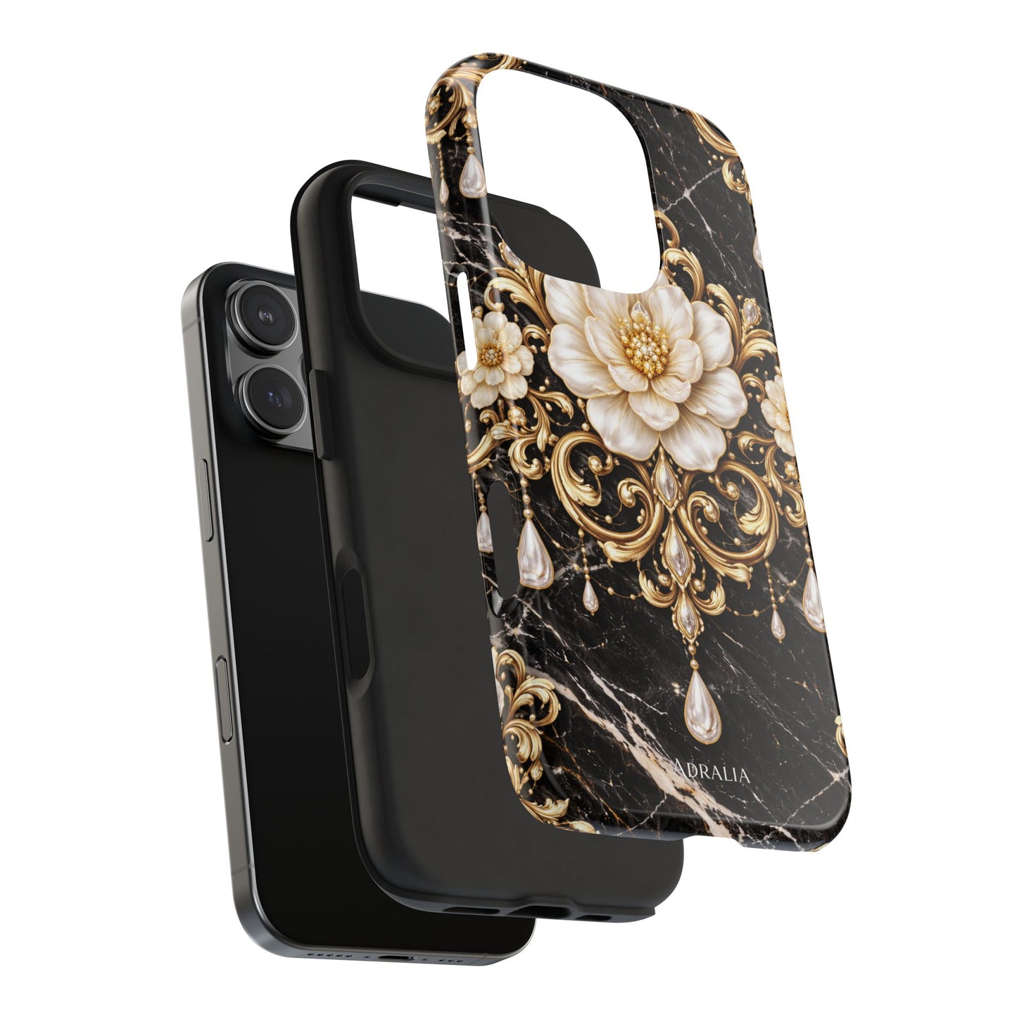 Phone Case — Black Marble Floral Baroque Tough Protective Cover