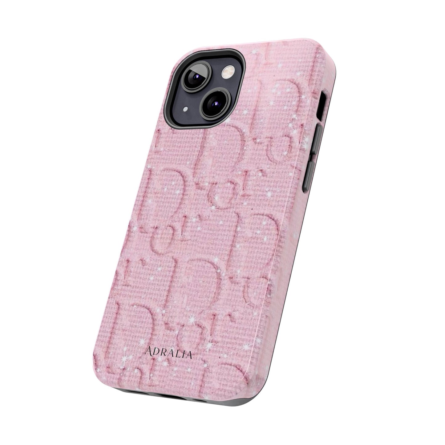 Pink Embossed Tough Phone Case – 'Adralia' Glitter Monogram Protective Cover