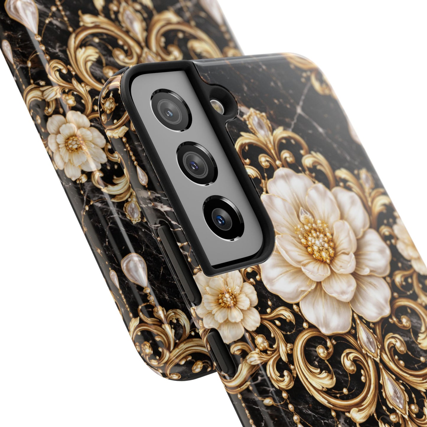 Phone Case — Black Marble Floral Baroque Tough Protective Cover