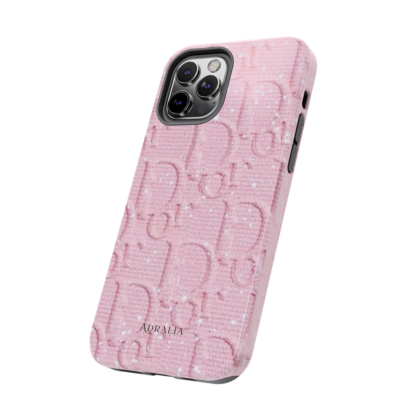 Pink Embossed Tough Phone Case – 'Adralia' Glitter Monogram Protective Cover