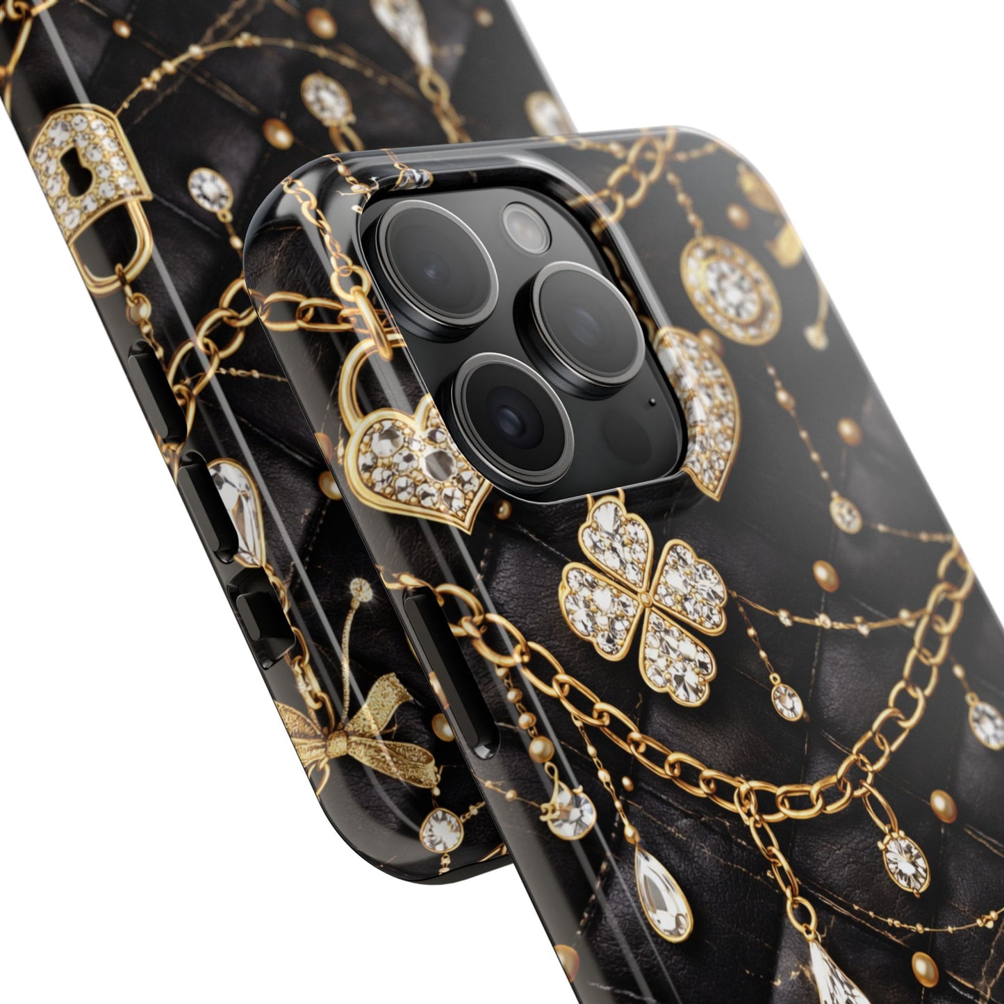 Quilted Black Luxe Phone Case — Gold Chain & Jewel Charm Design