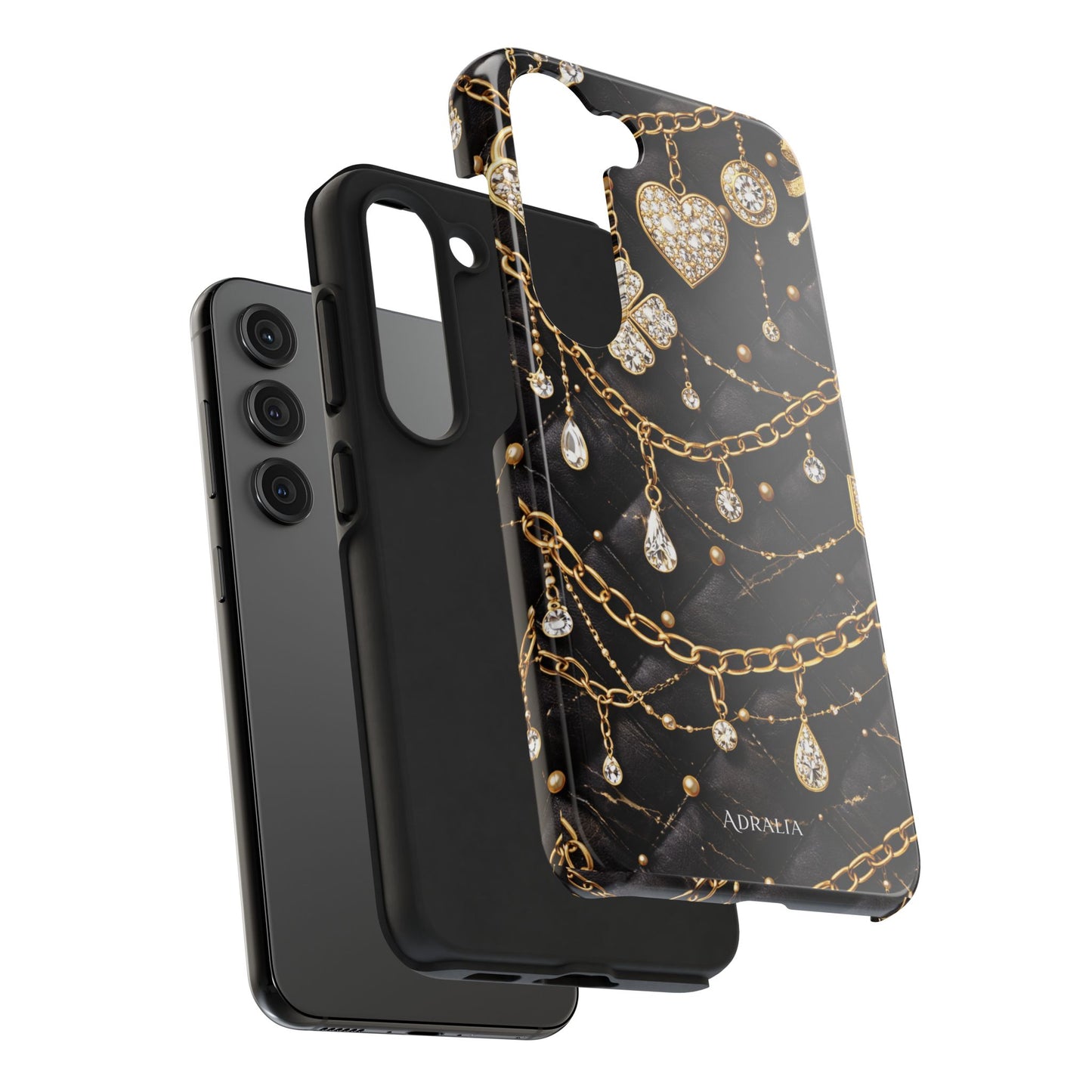 Quilted Black Luxe Phone Case — Gold Chain & Jewel Charm Design