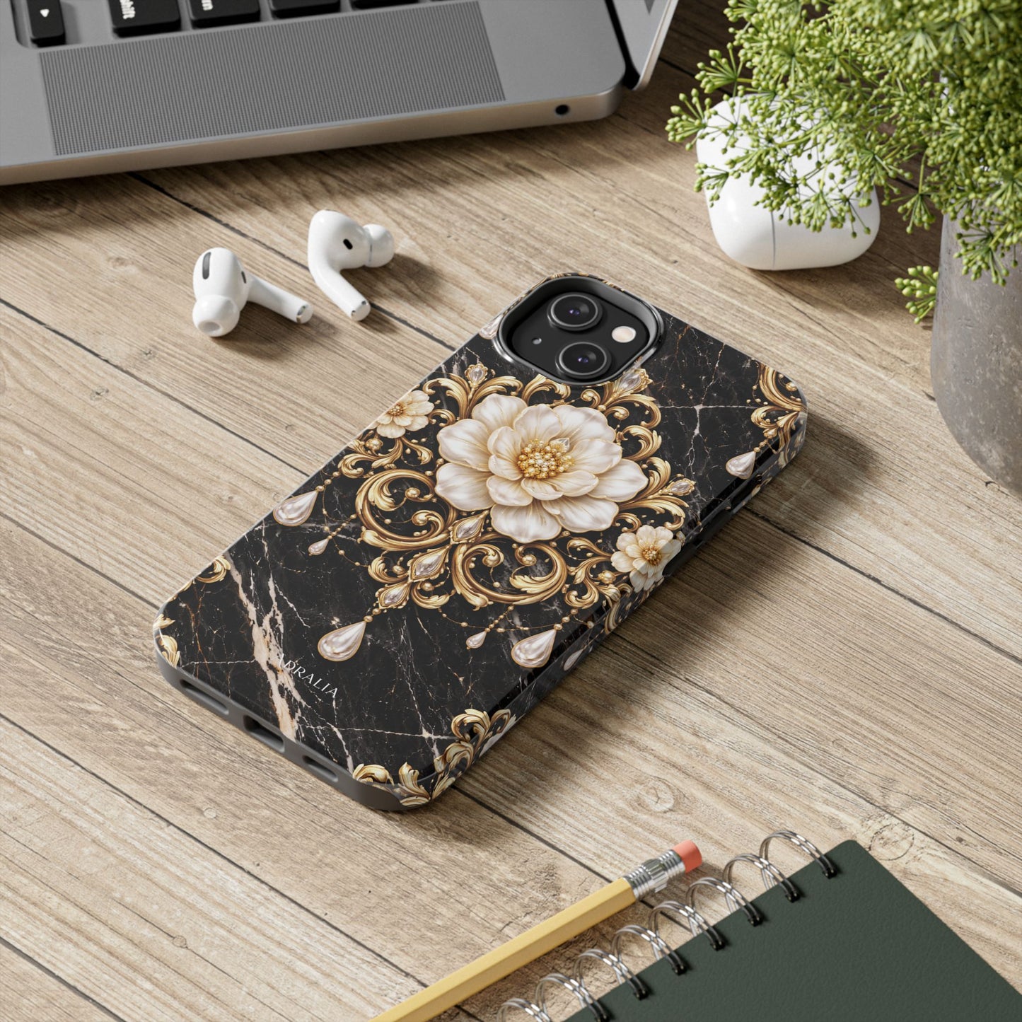 Phone Case — Black Marble Floral Baroque Tough Protective Cover