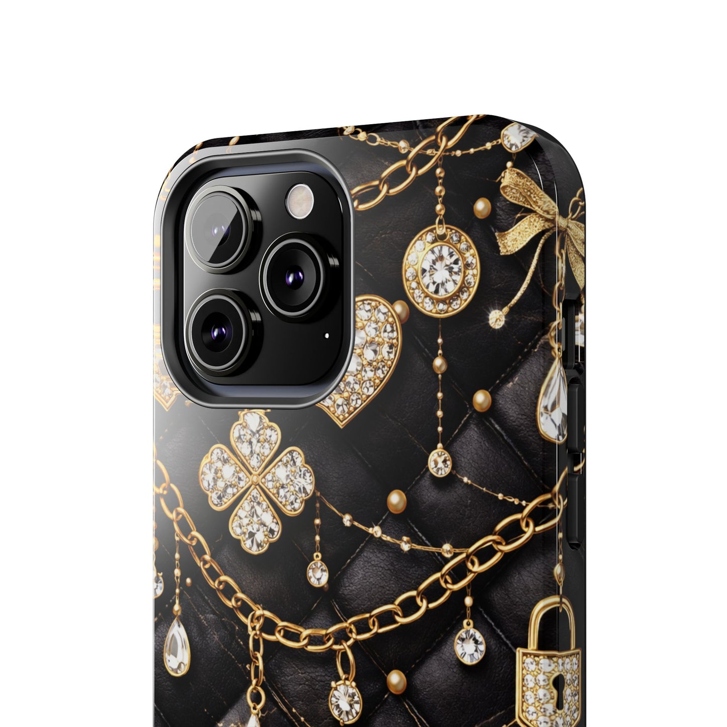 Quilted Black Luxe Phone Case — Gold Chain & Jewel Charm Design