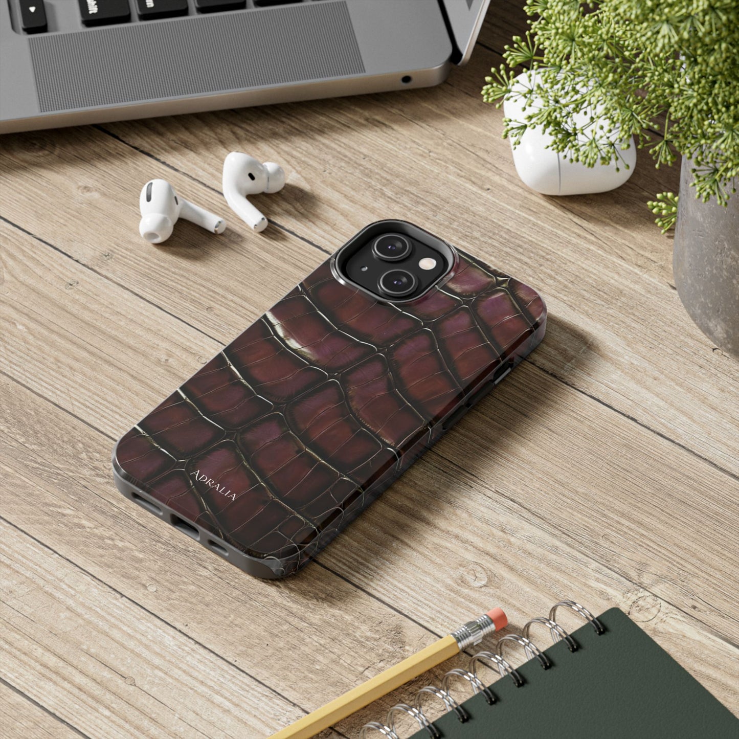 Croc-Embossed Tough Phone Case — Burgundy Faux Alligator with ADRALIA Accent