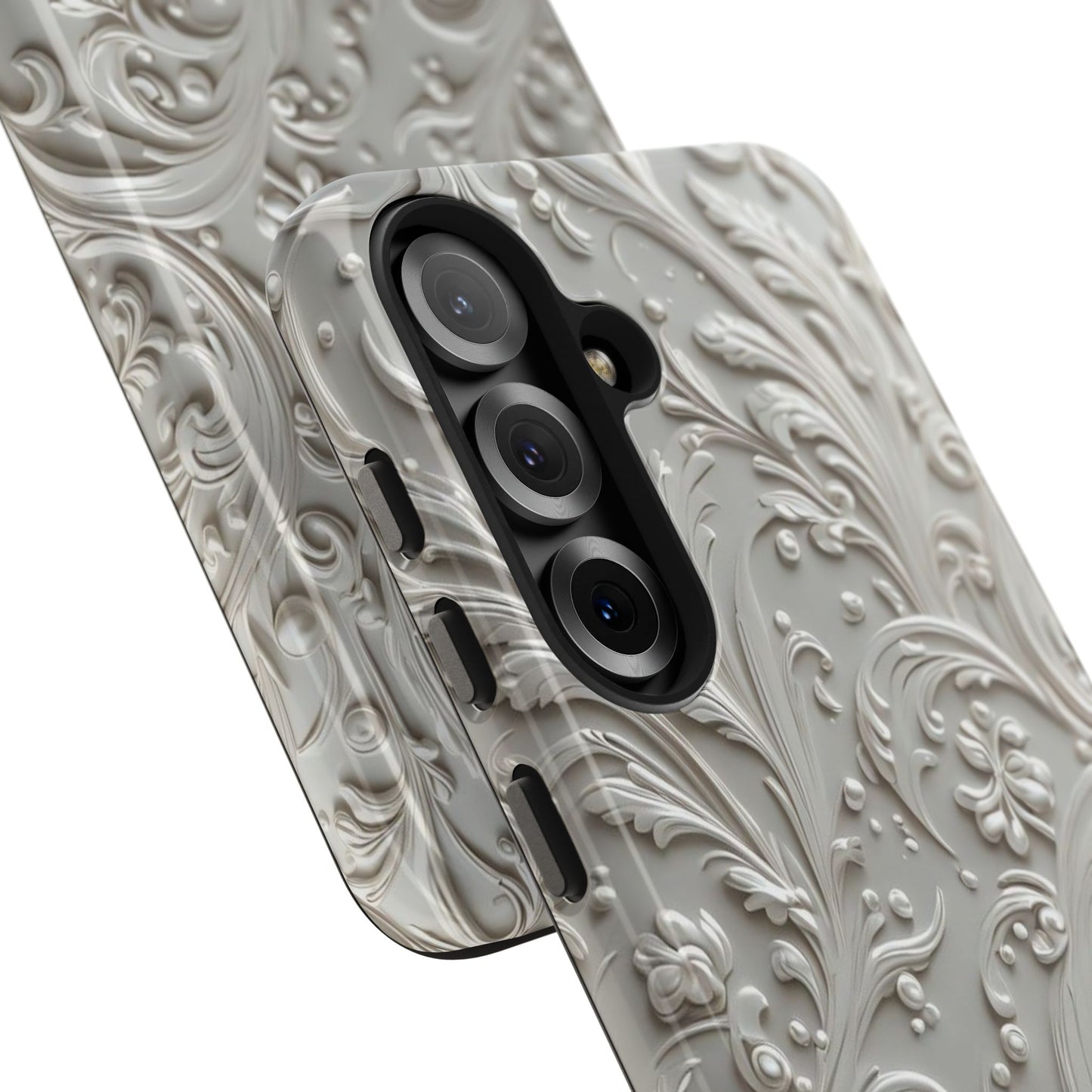 Ornate Baroque Relief Tough Phone Case — Gray Floral Scroll Protective Cover