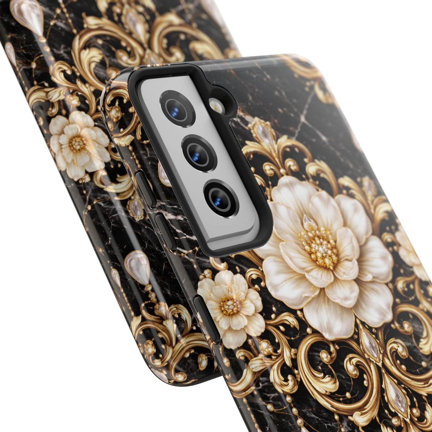 Phone Case — Black Marble Floral Baroque Tough Protective Cover